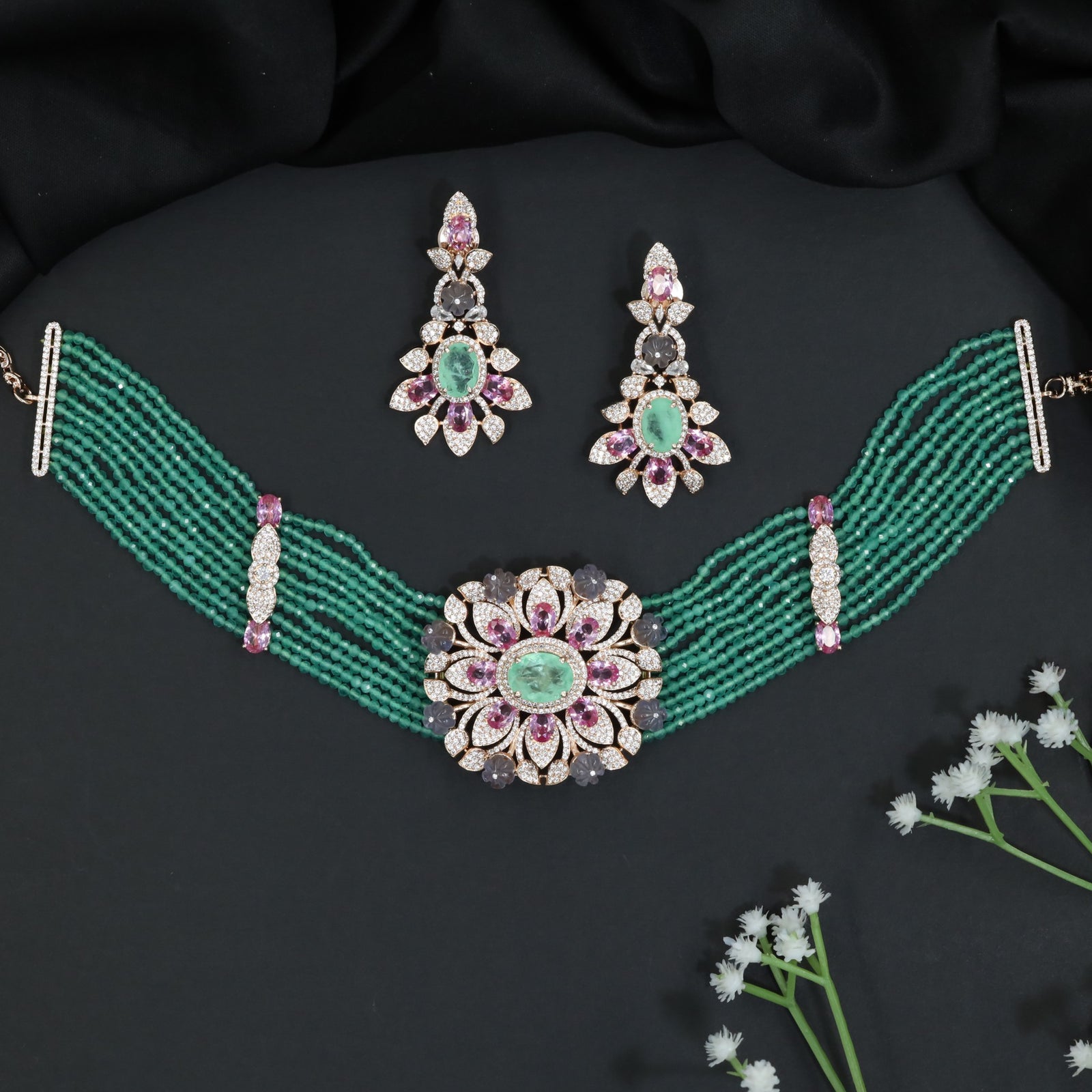 Grand Rose Gold Crystal Choker Set with Layered Bead Strands