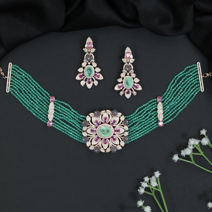 Grand Rose Gold Crystal Choker Set with Layered Bead Strands