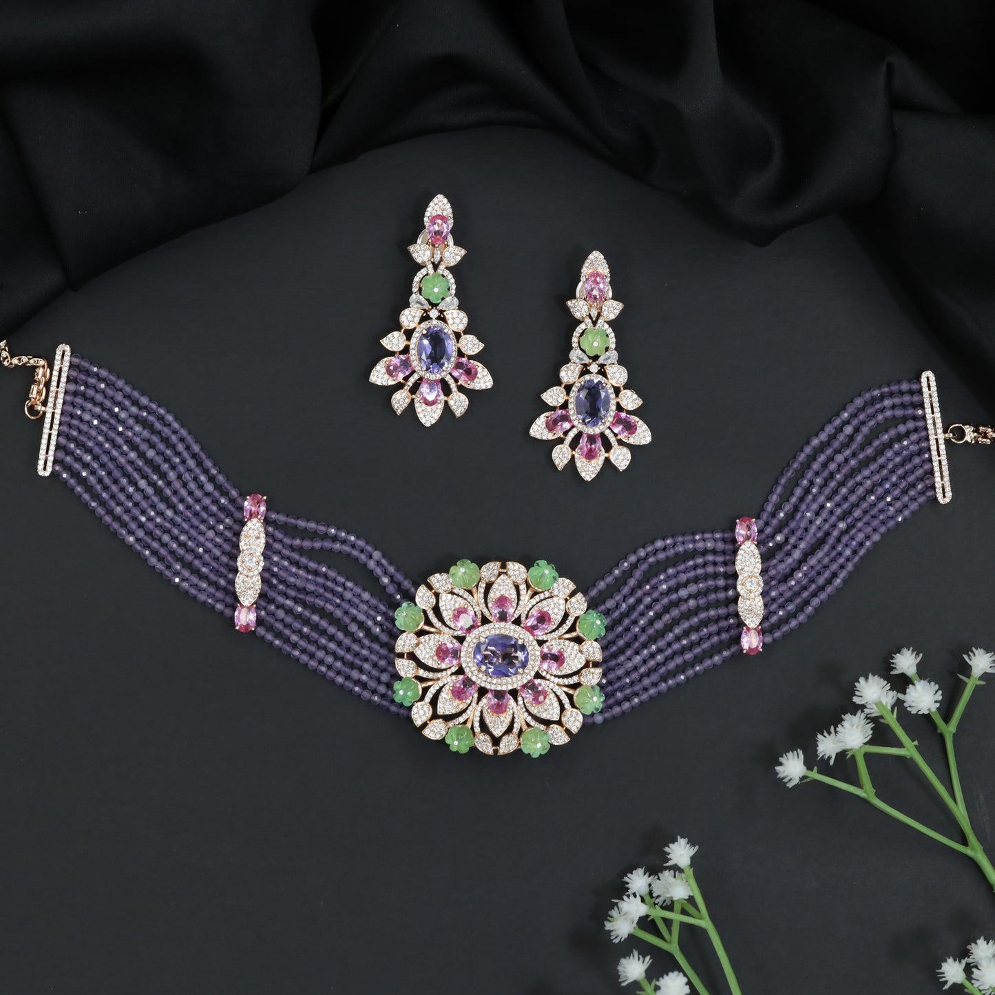 Grand Rose Gold Crystal Choker Set with Layered Bead Strands