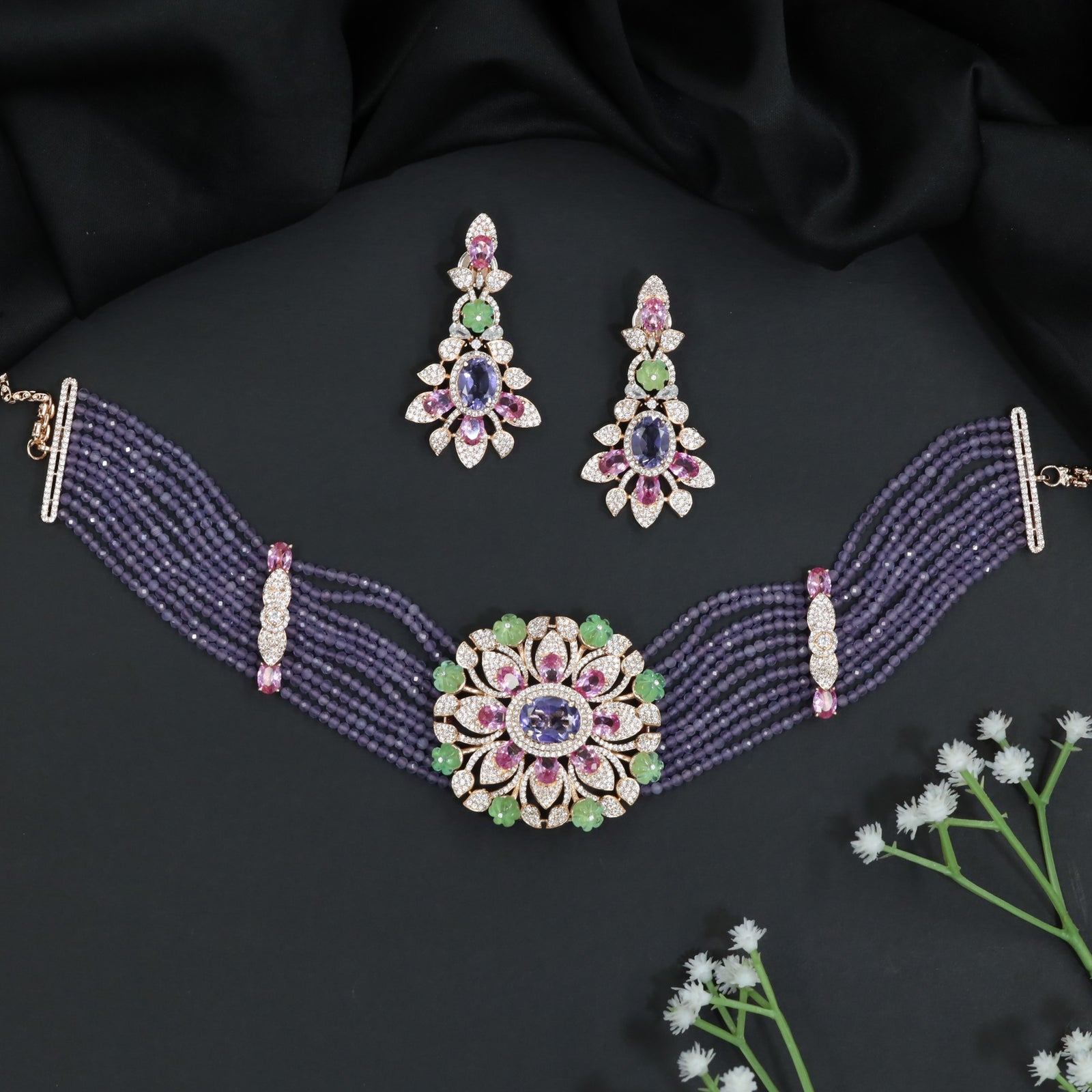 Grand Rose Gold Crystal Choker Set with Layered Bead Strands