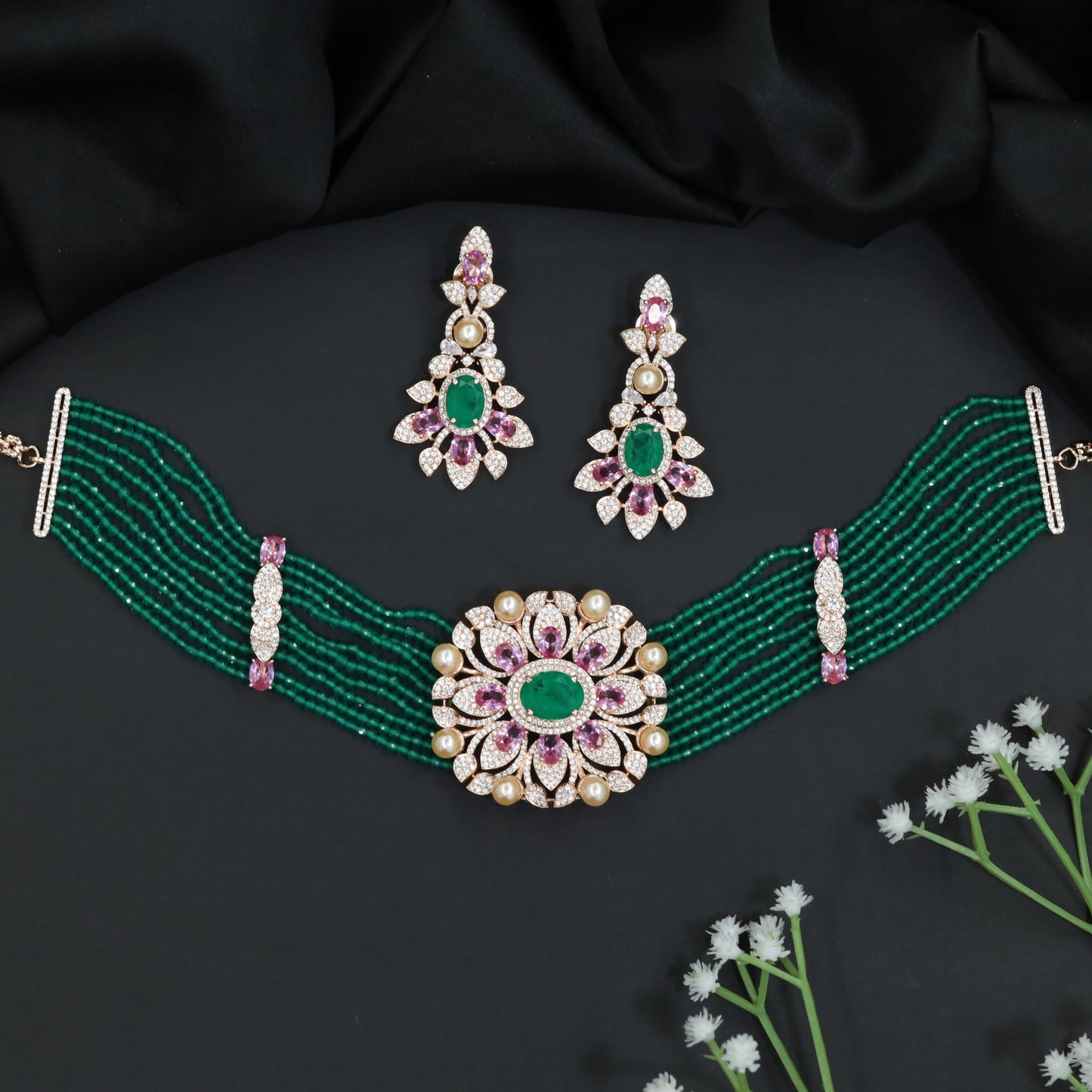 Grand Rose Gold Crystal Choker Set with Layered Bead Strands