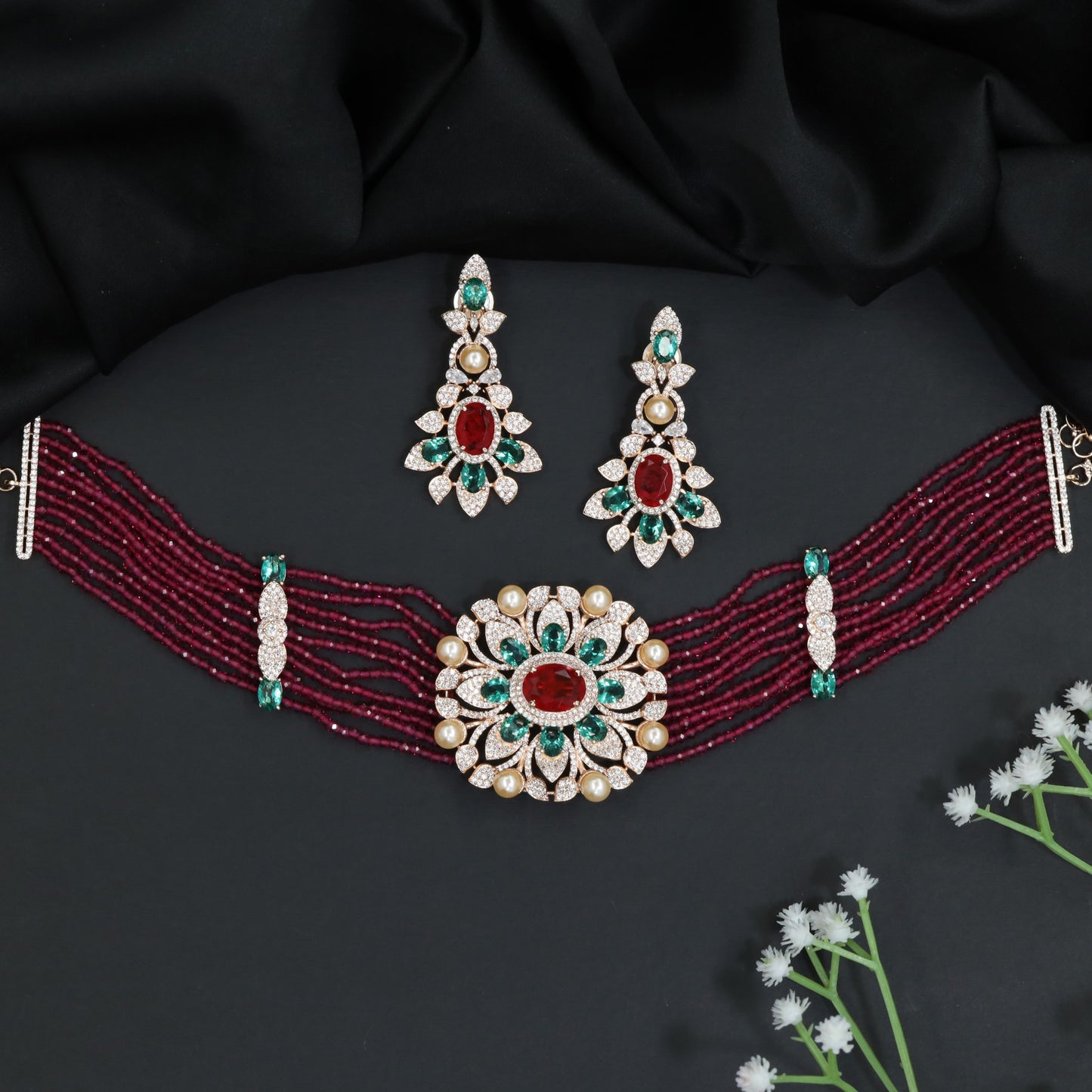 Grand Rose Gold Crystal Choker Set with Layered Bead Strands