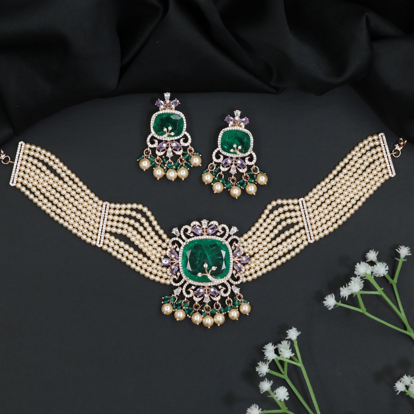 Multi Strand Pearl Rose Gold Crystal Choker Set with Ornamental Medallion