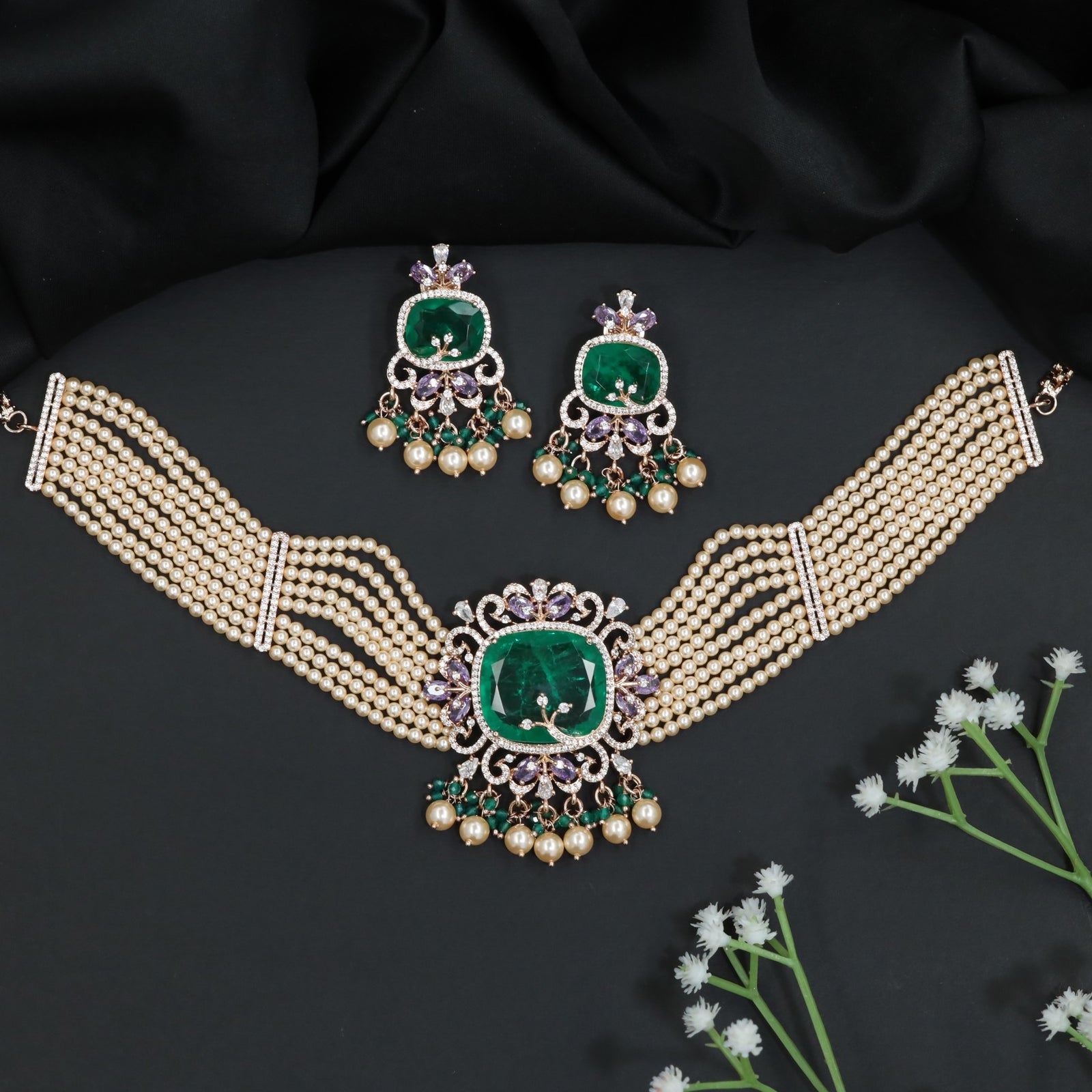 Multi Strand Pearl Rose Gold Crystal Choker Set with Ornamental Medallion