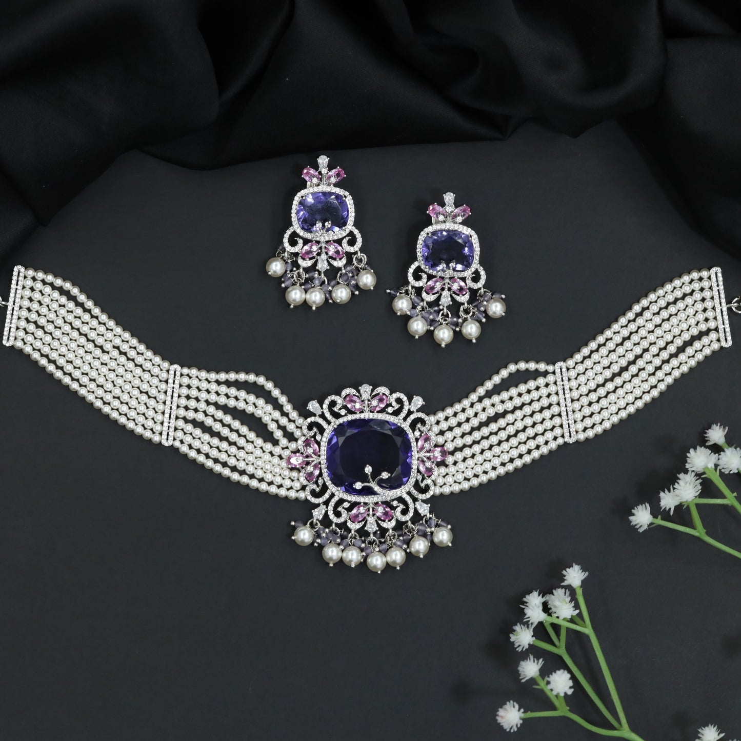 Multi Strand Pearl Rose Gold Crystal Choker Set with Ornamental Medallion