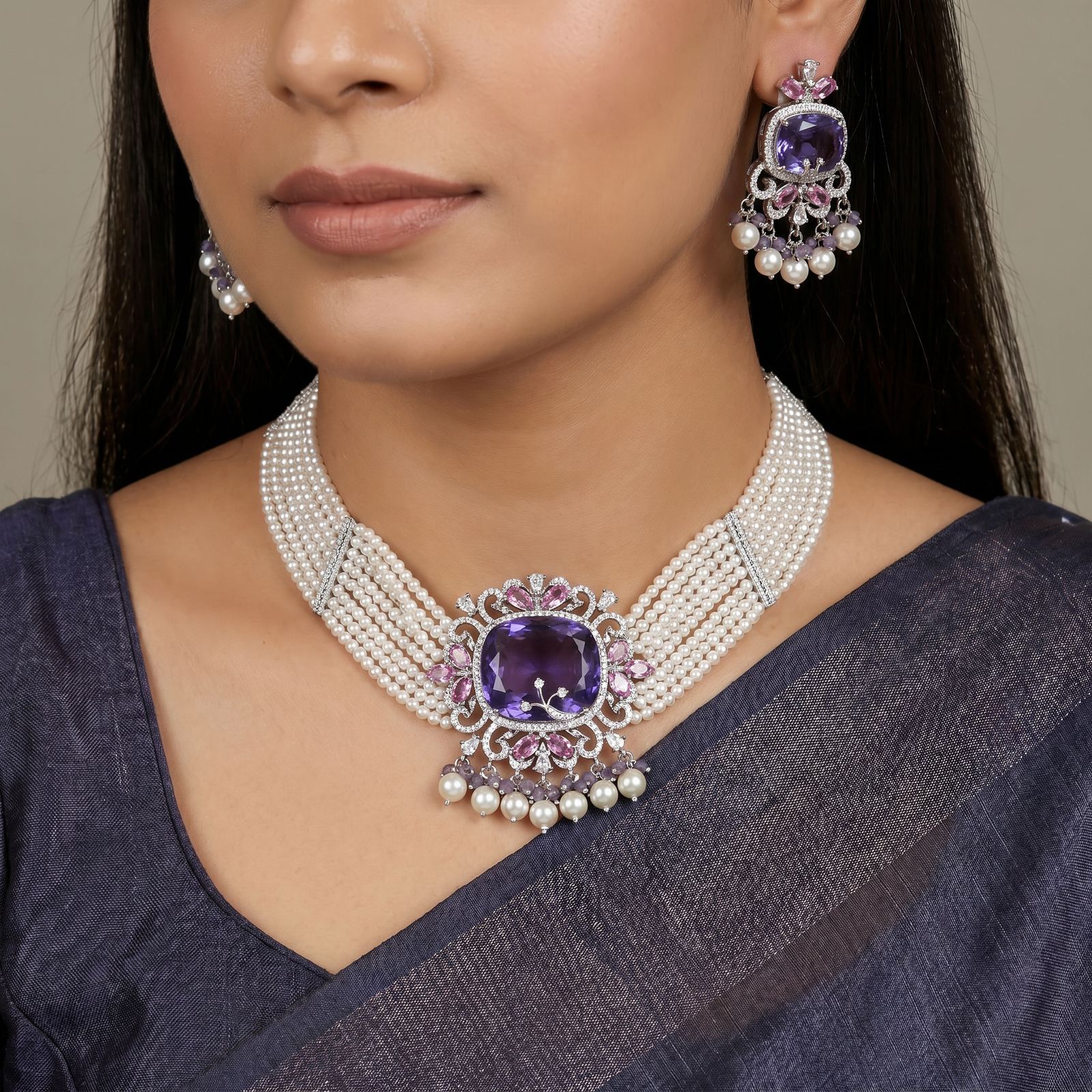 Multi Strand Pearl Rose Gold Crystal Choker Set with Ornamental Medallion