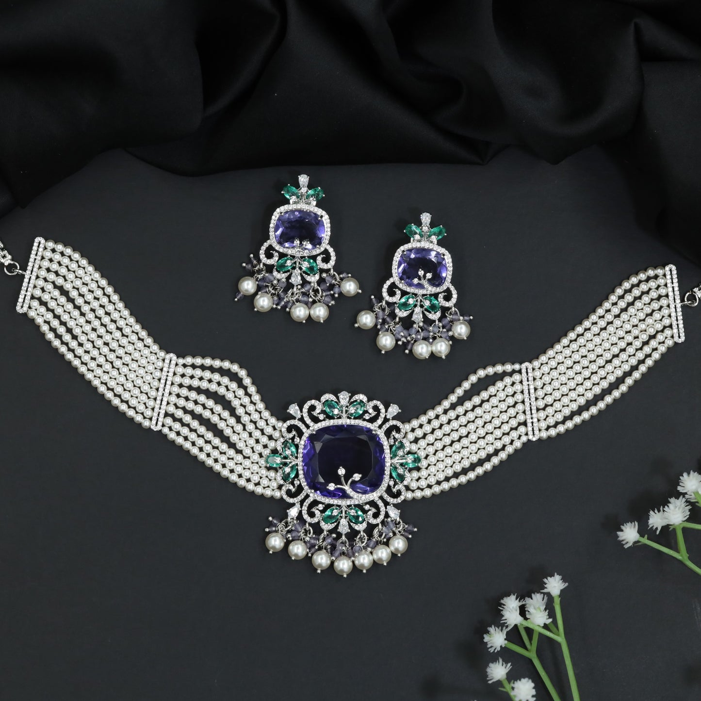 Multi Strand Pearl Rose Gold Crystal Choker Set with Ornamental Medallion