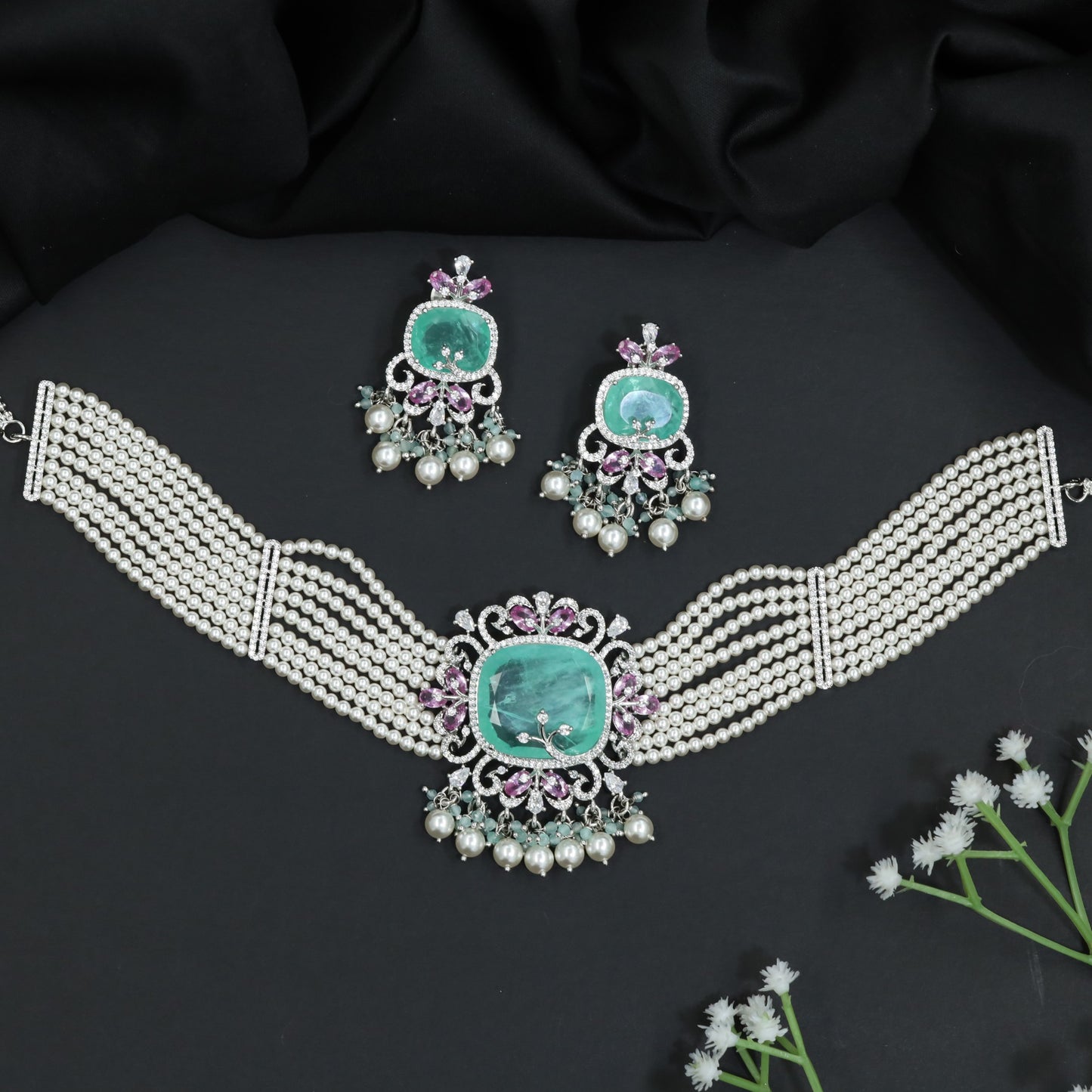 Multi Strand Pearl Rose Gold Crystal Choker Set with Ornamental Medallion