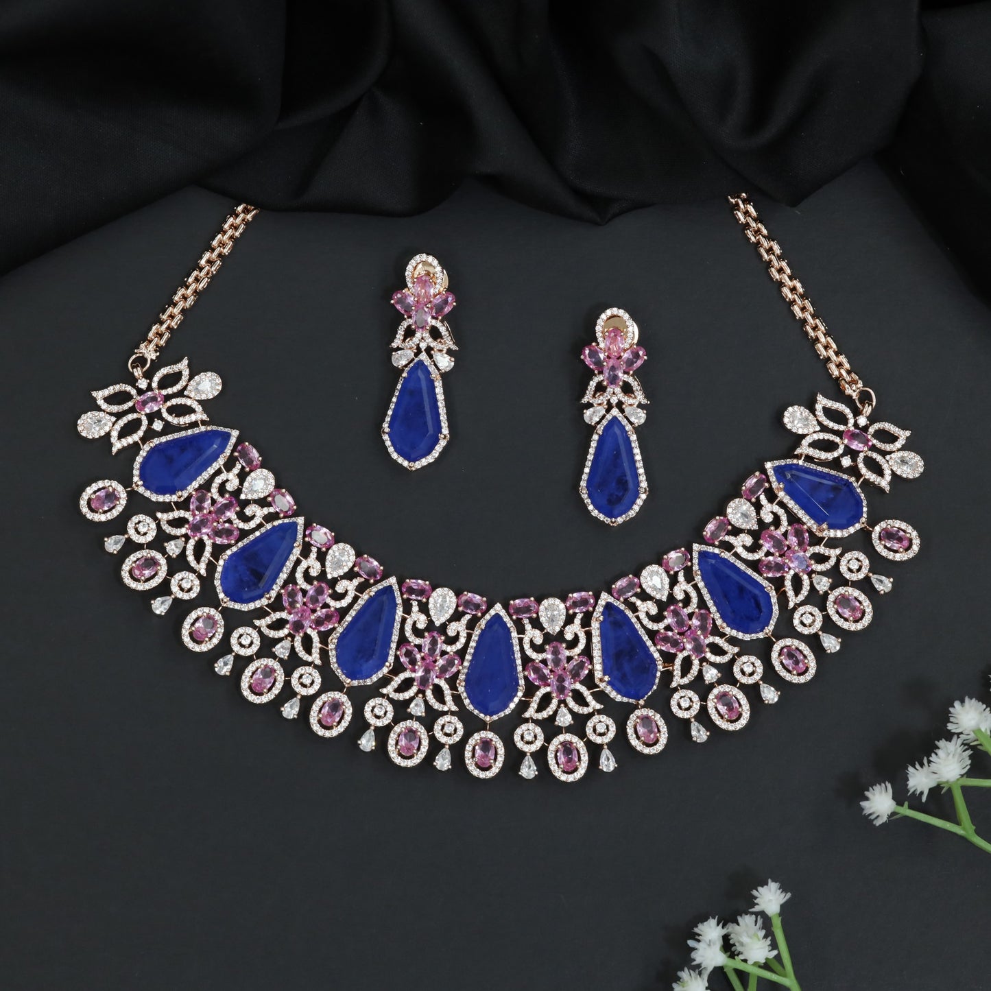 Statement Crystal Rose Gold Choker Set with Floral Vine Detailing