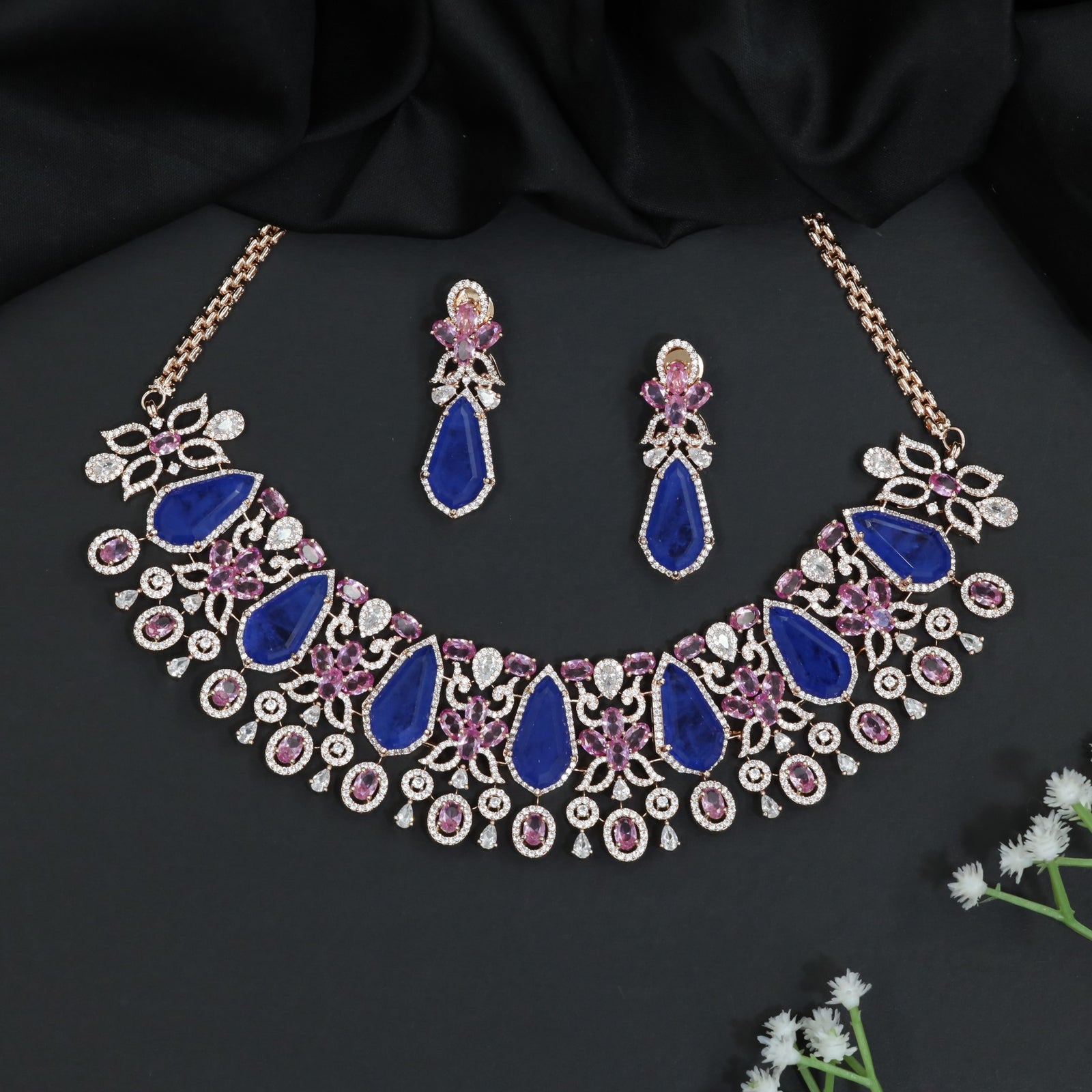 Statement Crystal Rose Gold Choker Set with Floral Vine Detailing