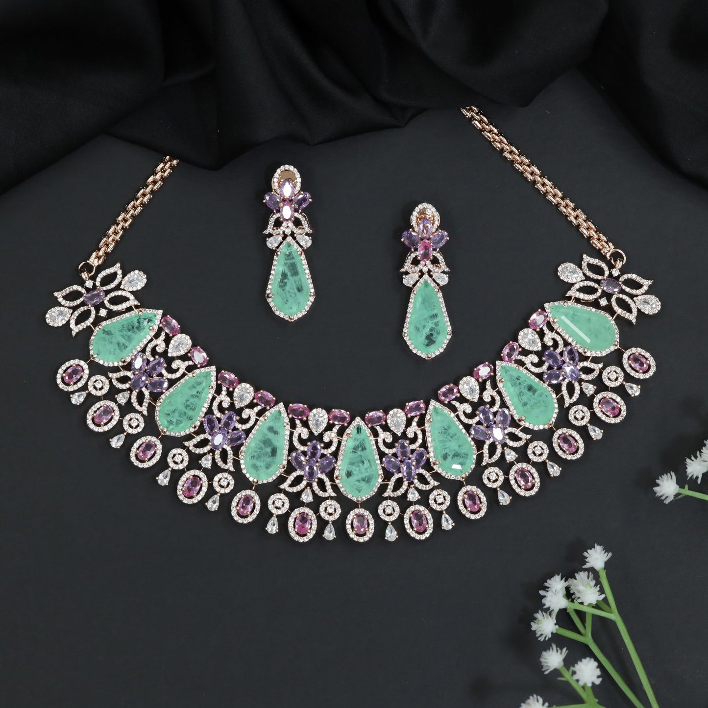 Statement Crystal Rose Gold Choker Set with Floral Vine Detailing
