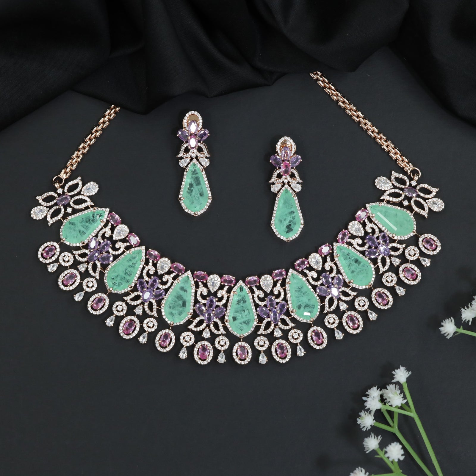 Statement Crystal Rose Gold Choker Set with Floral Vine Detailing