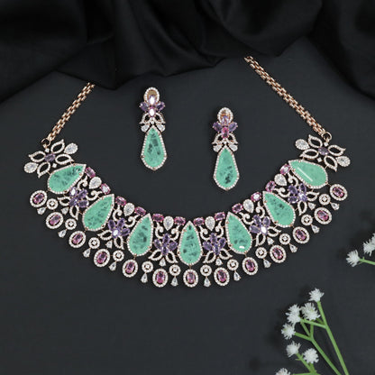 Statement Crystal Rose Gold Choker Set with Floral Vine Detailing