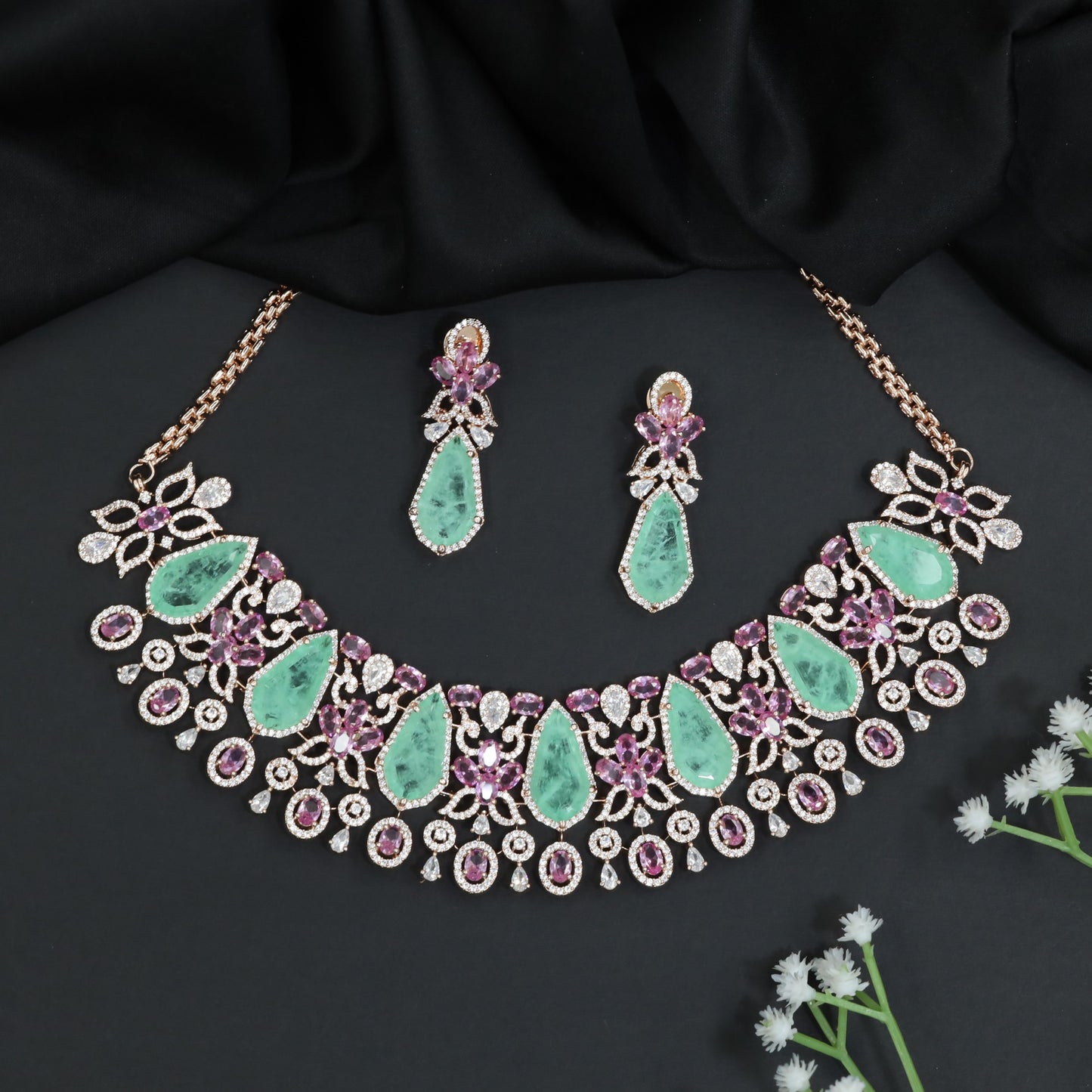 Statement Crystal Rose Gold Choker Set with Floral Vine Detailing