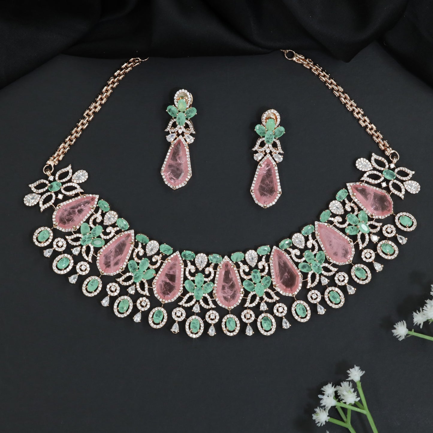 Statement Crystal Rose Gold Choker Set with Floral Vine Detailing