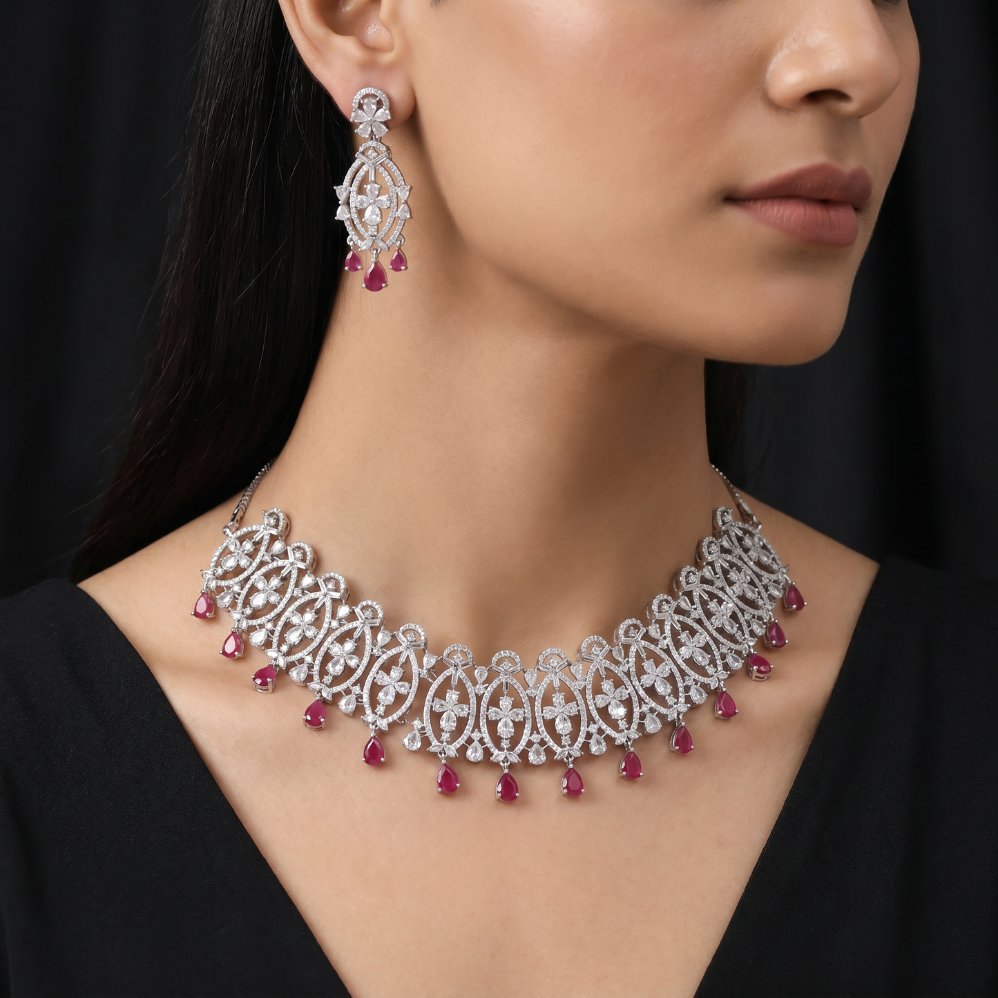 Art Deco inspired rhodium choker with geometric openwork accents