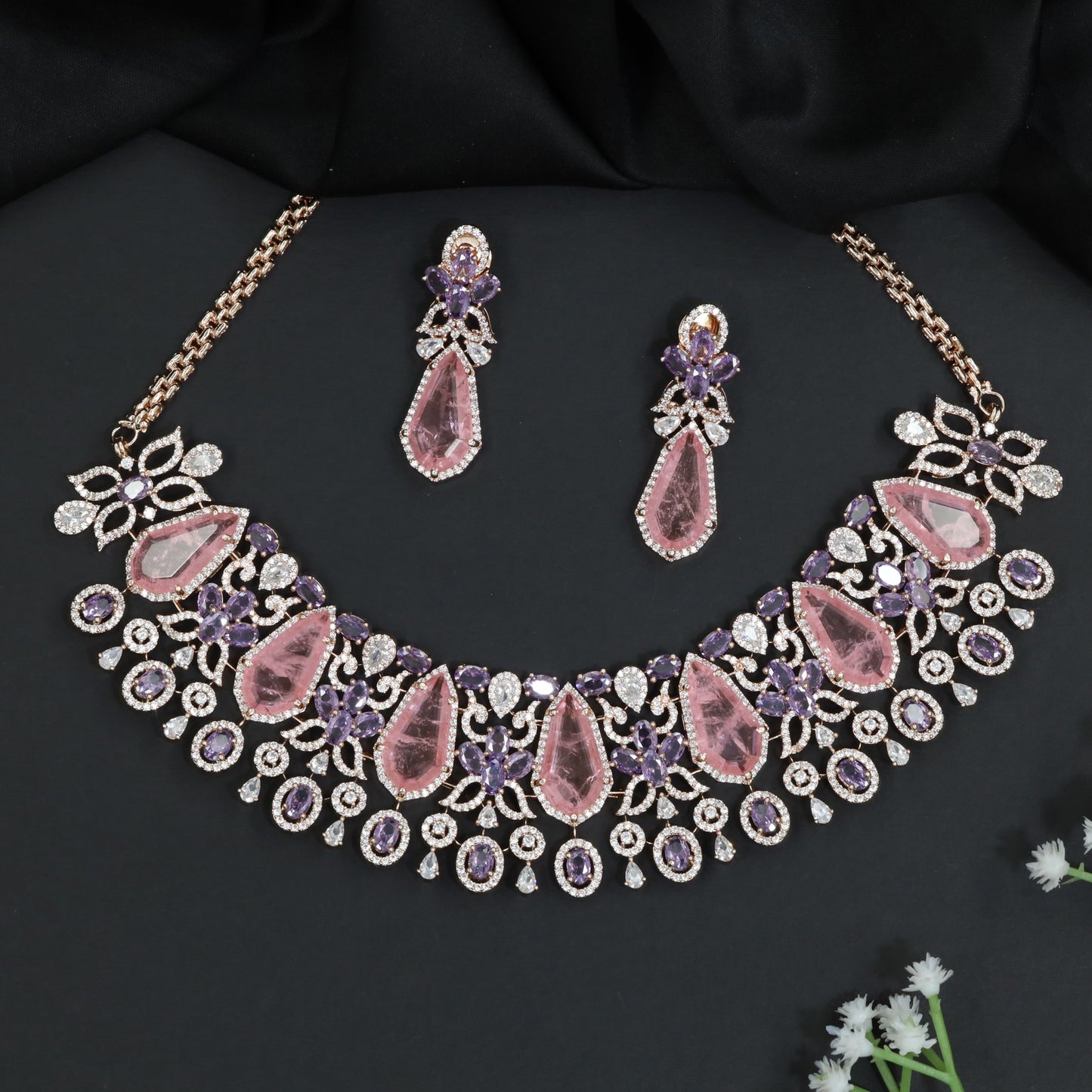 Statement Crystal Rose Gold Choker Set with Floral Vine Detailing