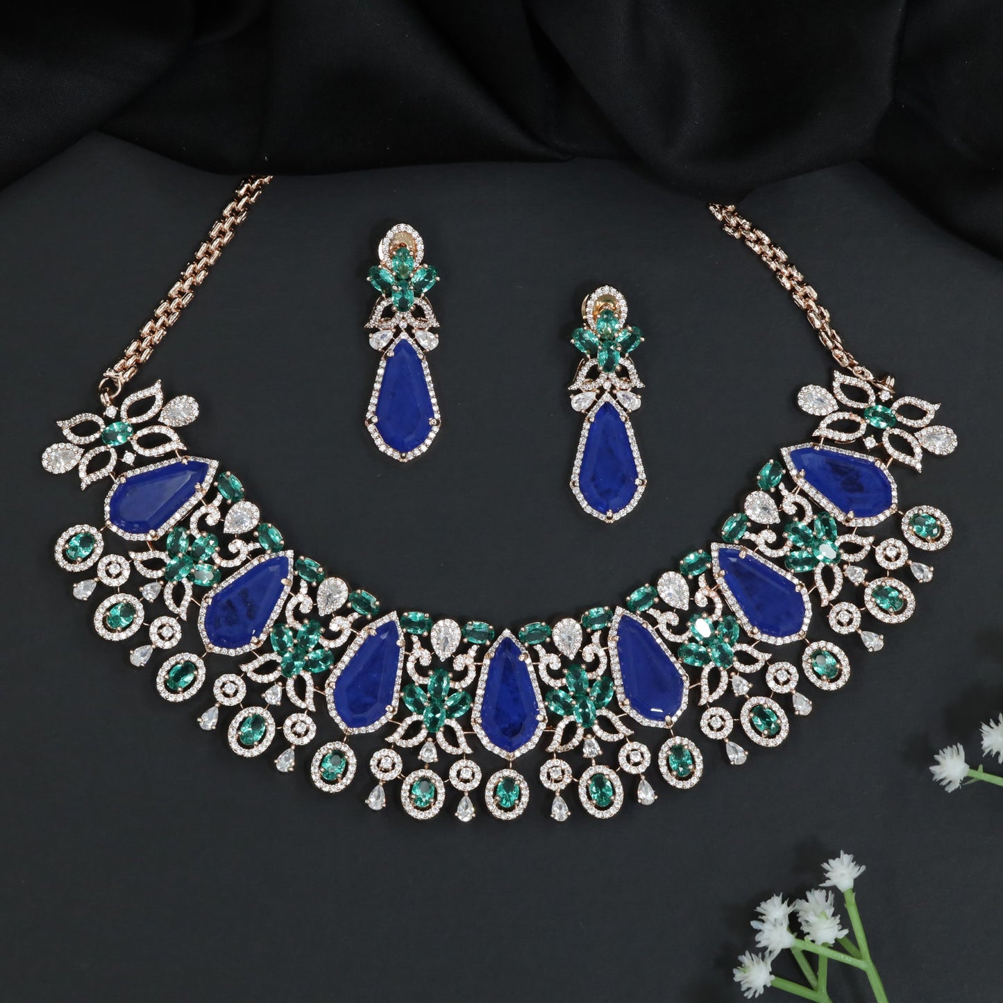 Statement Crystal Rose Gold Choker Set with Floral Vine Detailing