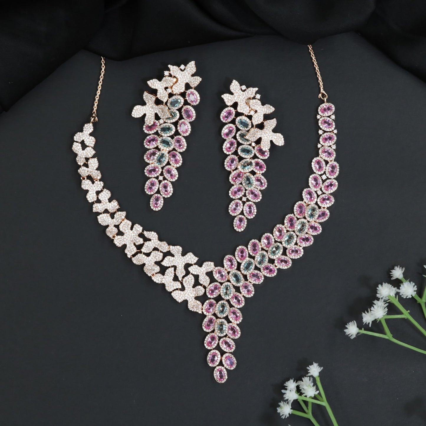 Rose Gold Necklace Set with Bloom Cluster and Cascading Design