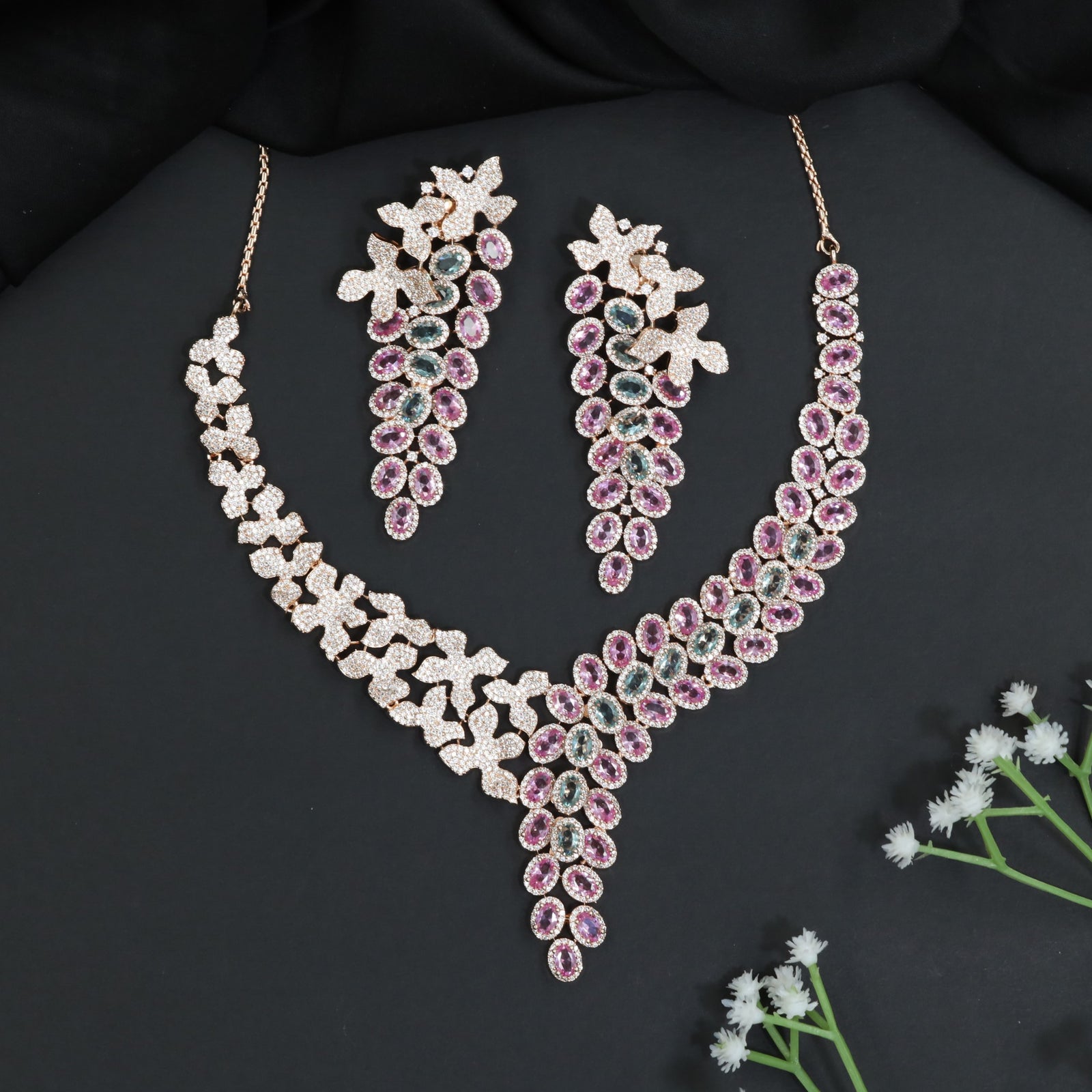 Rose Gold Necklace Set with Bloom Cluster and Cascading Design