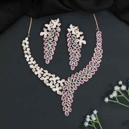 Rose Gold Necklace Set with Bloom Cluster and Cascading Design