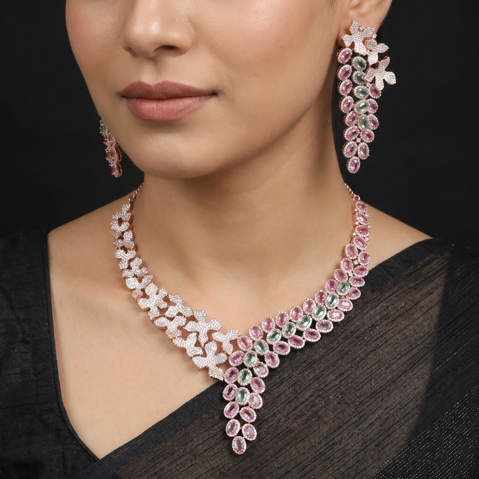 Rose Gold Necklace Set with Bloom Cluster and Cascading Design