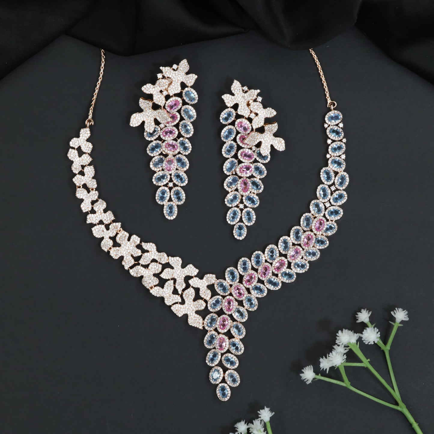 Rose Gold Necklace Set with Bloom Cluster and Cascading Design