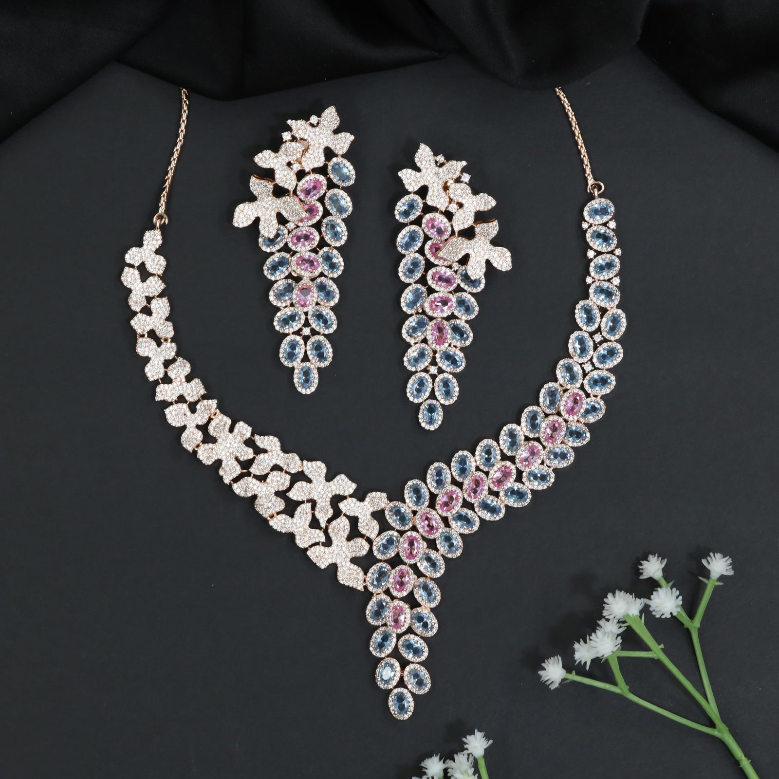 Rose Gold Necklace Set with Bloom Cluster and Cascading Design