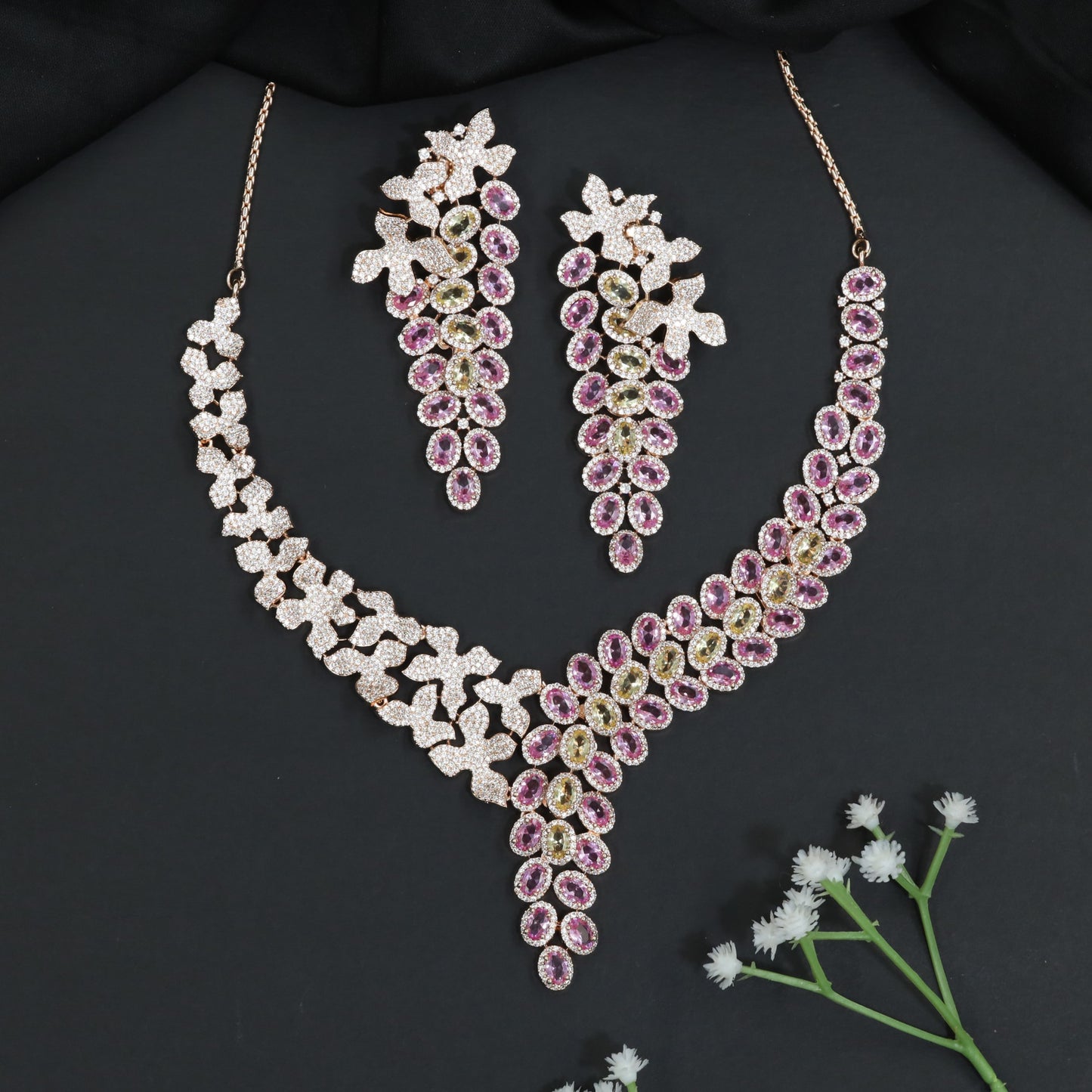 Rose Gold Necklace Set with Bloom Cluster and Cascading Design