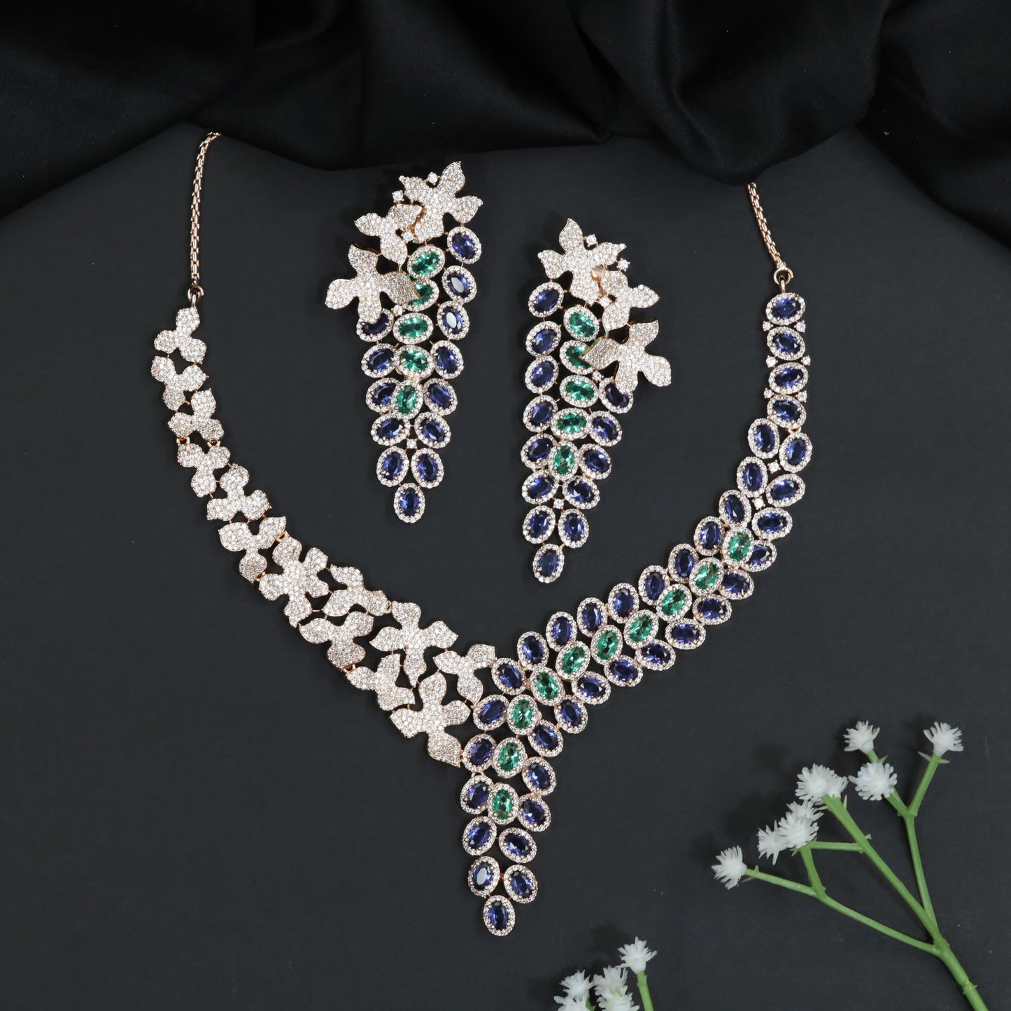 Rose Gold Necklace Set with Bloom Cluster and Cascading Design