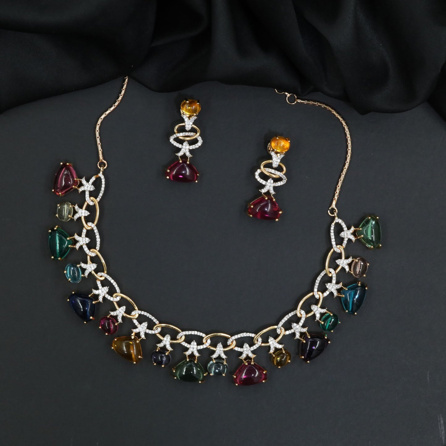 Multi-Color Drop Gold Polish Necklace with Matching Earrings