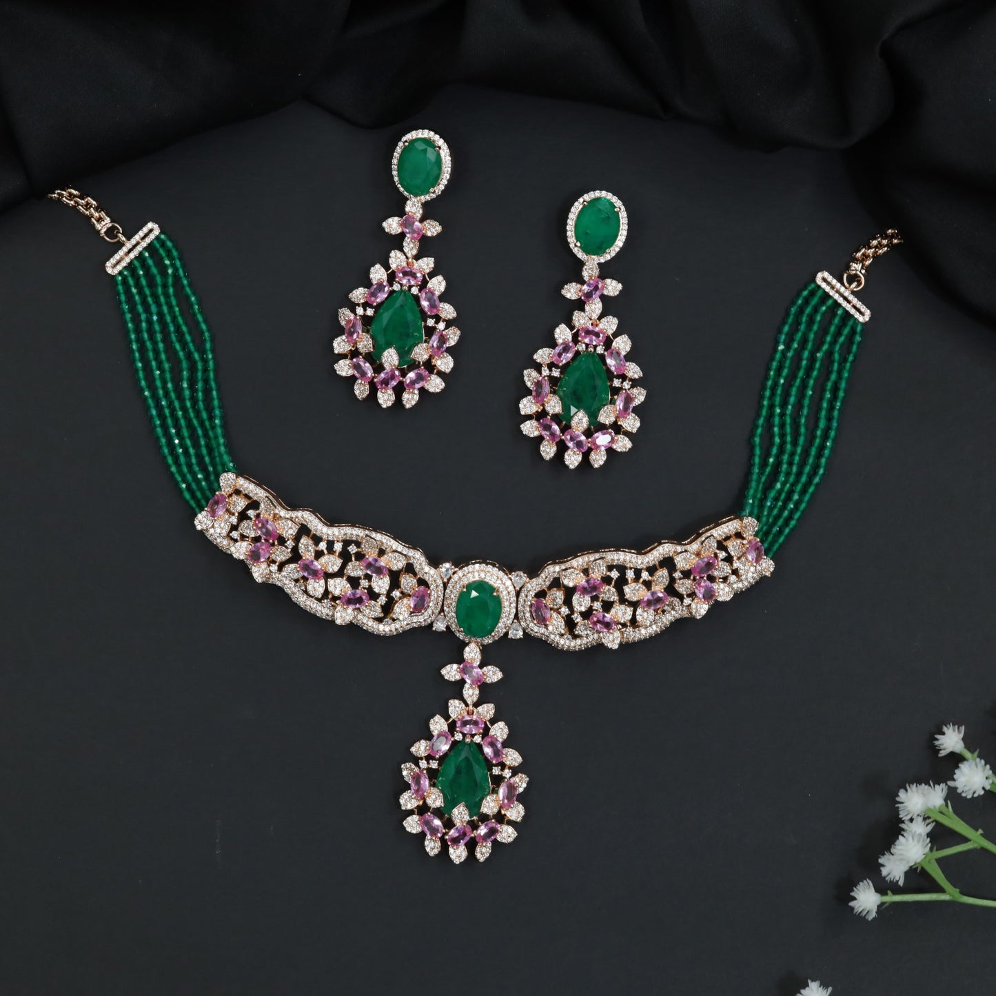 Crystal Rose Gold Beads Necklace with Decorative Floral Elements