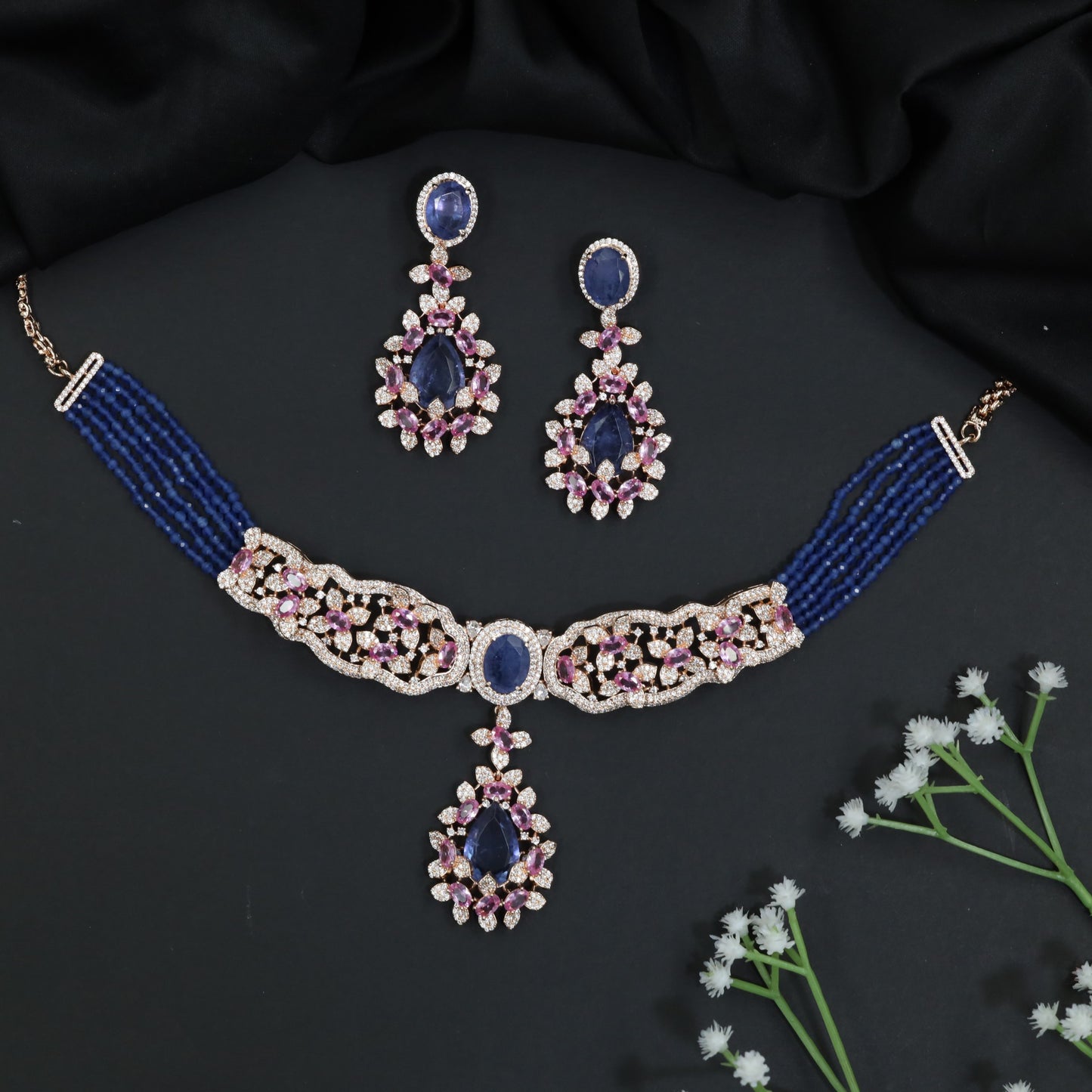 Crystal Rose Gold Beads Necklace with Decorative Floral Elements