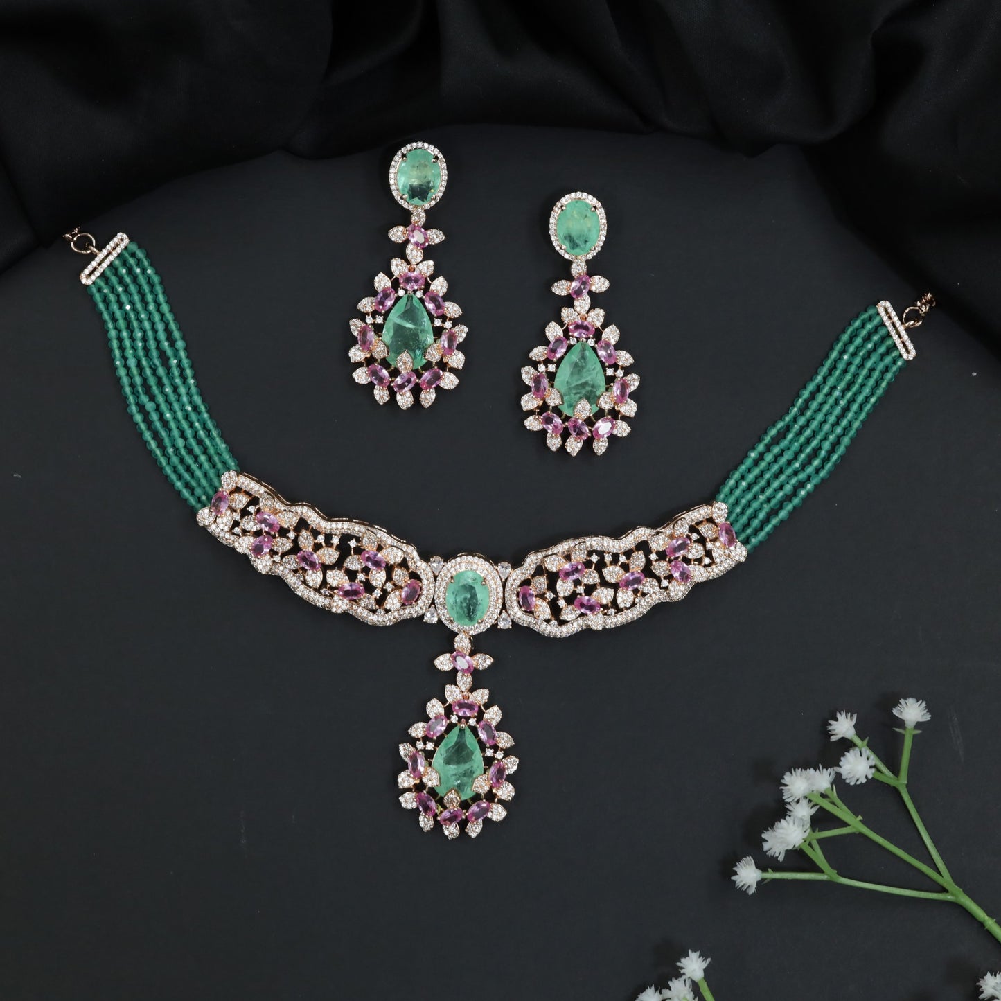 Crystal Rose Gold Beads Necklace with Decorative Floral Elements