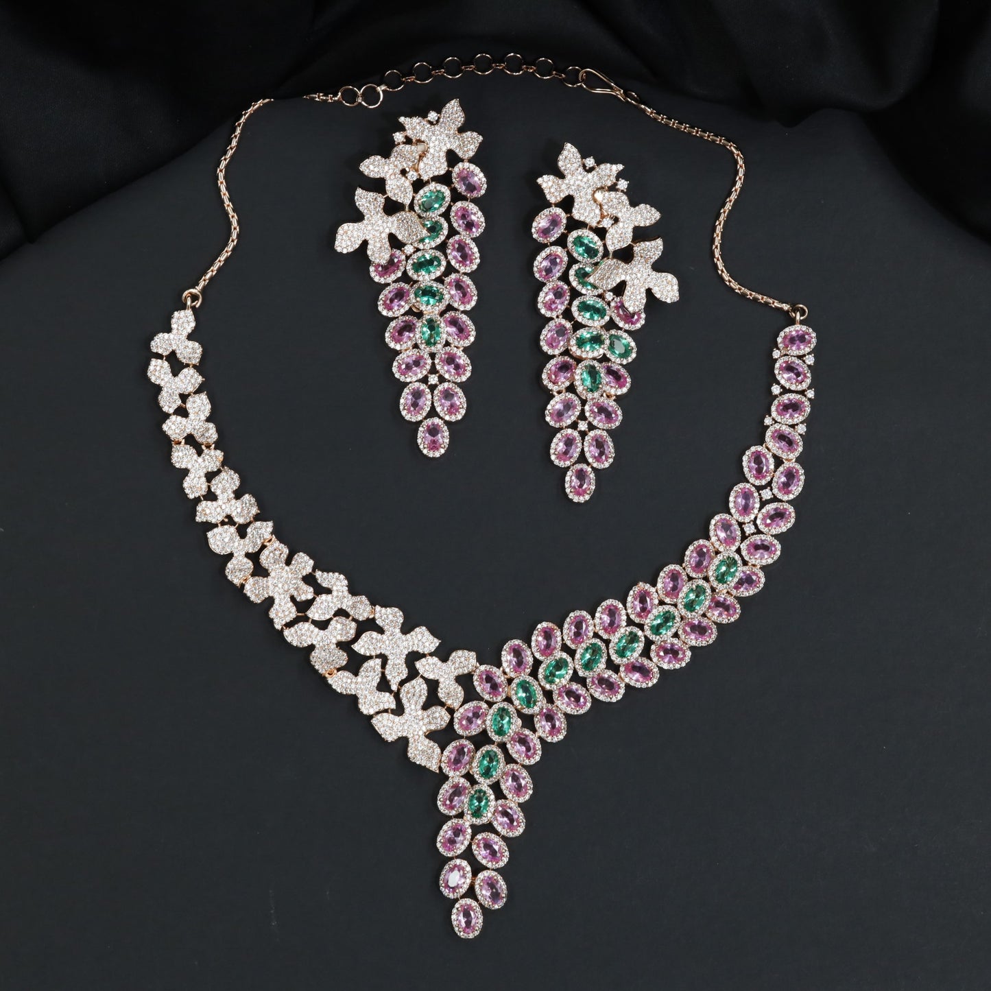 Floral Drop Crystal Rose Gold Necklace Set