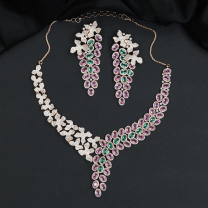 Floral Drop Crystal Rose Gold Necklace Set