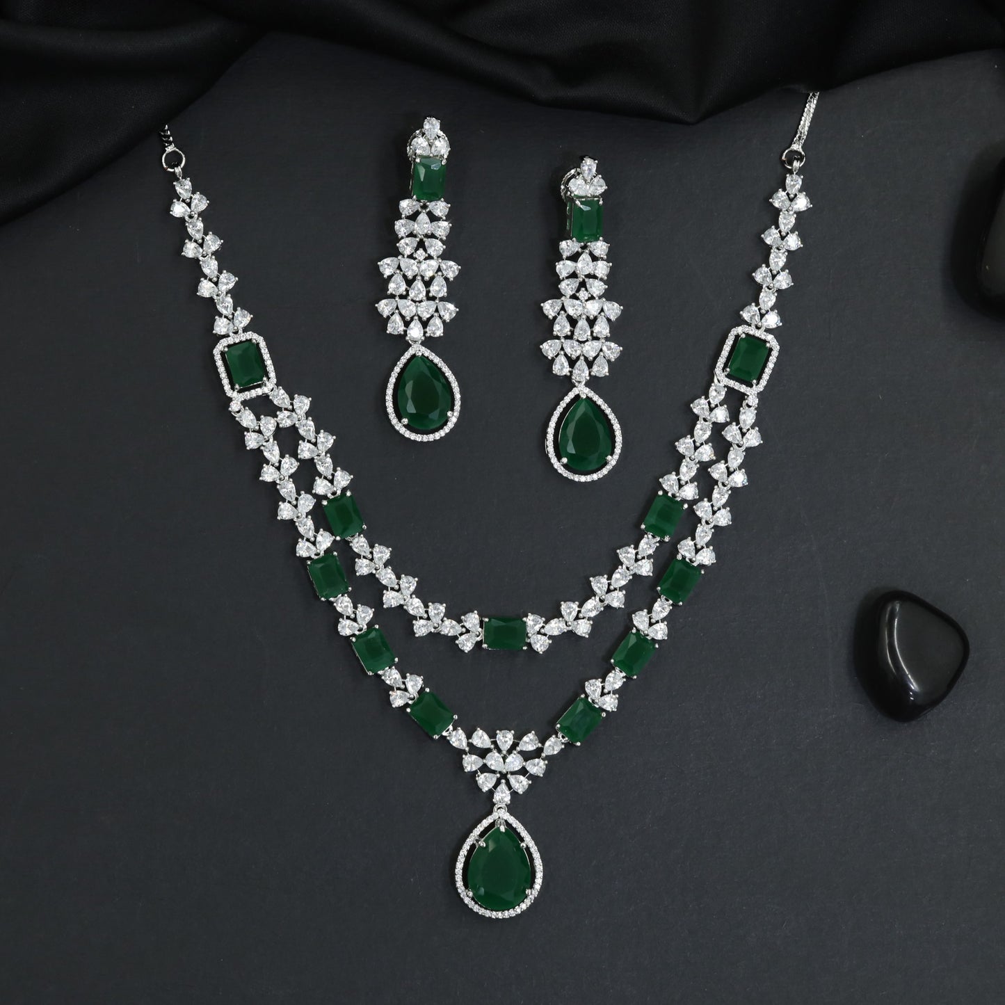 Gallery series rhodium necklace set featuring floral station detailing