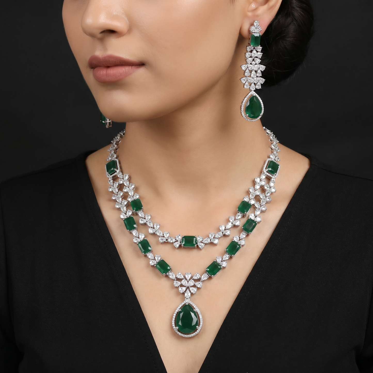 Gallery series rhodium necklace set featuring floral station detailing
