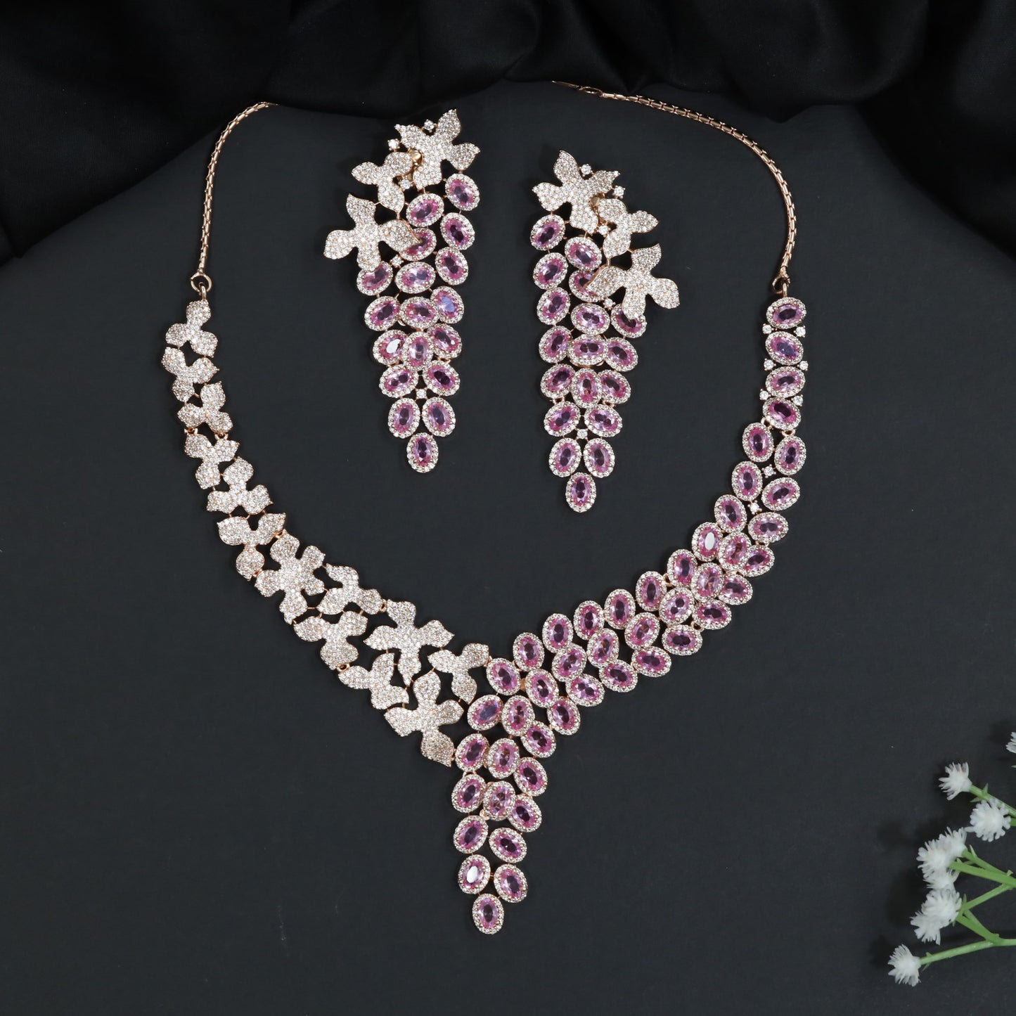 Floral Drop Crystal Rose Gold Necklace Set