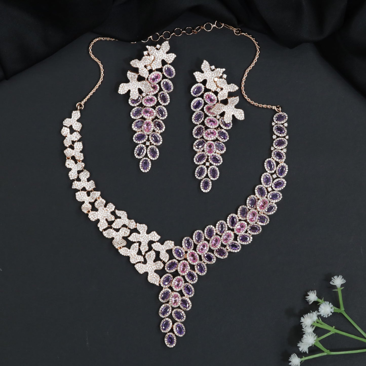 Floral Drop Crystal Rose Gold Necklace Set