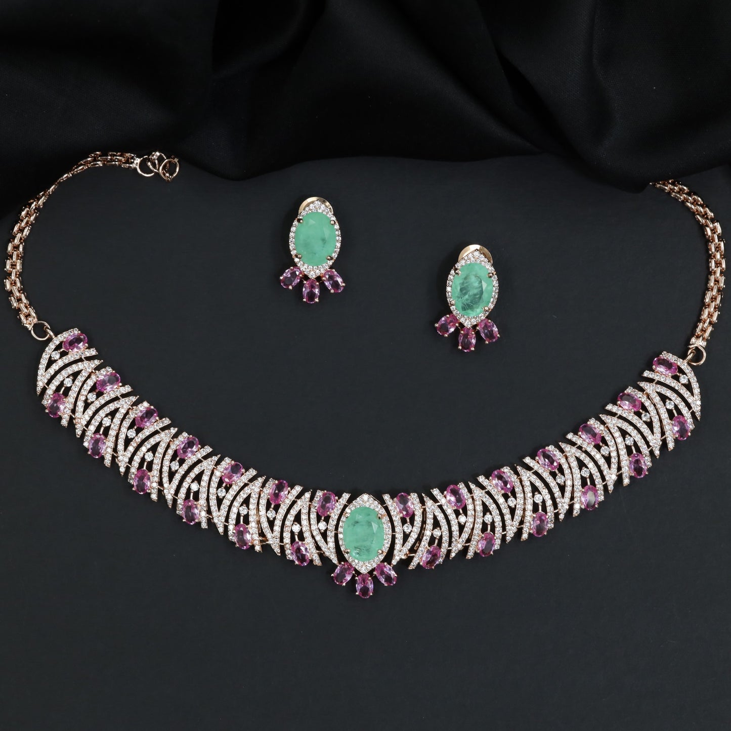 Decorative Crystal Rose Gold Necklace with Matching Earrings