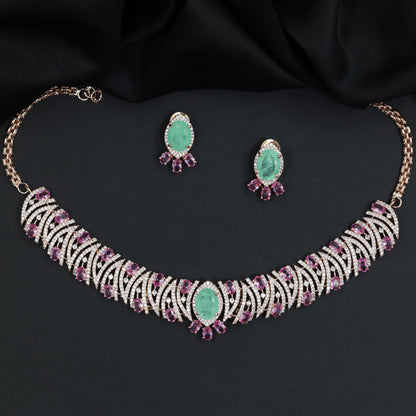 Decorative Crystal Rose Gold Necklace with Matching Earrings