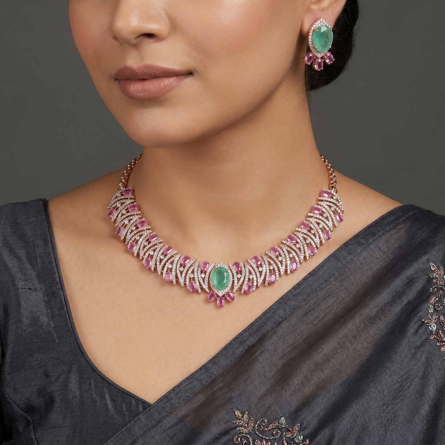 Decorative Crystal Rose Gold Necklace with Matching Earrings