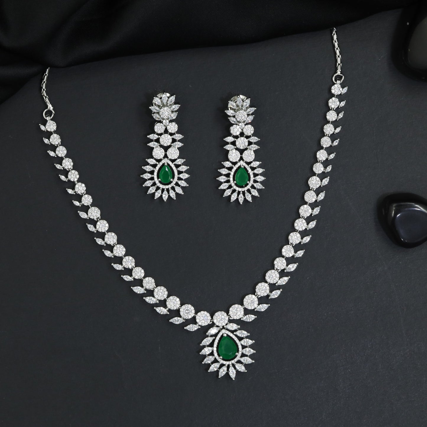 Designer inspired rhodium necklace set with symmetrical neckline detailing