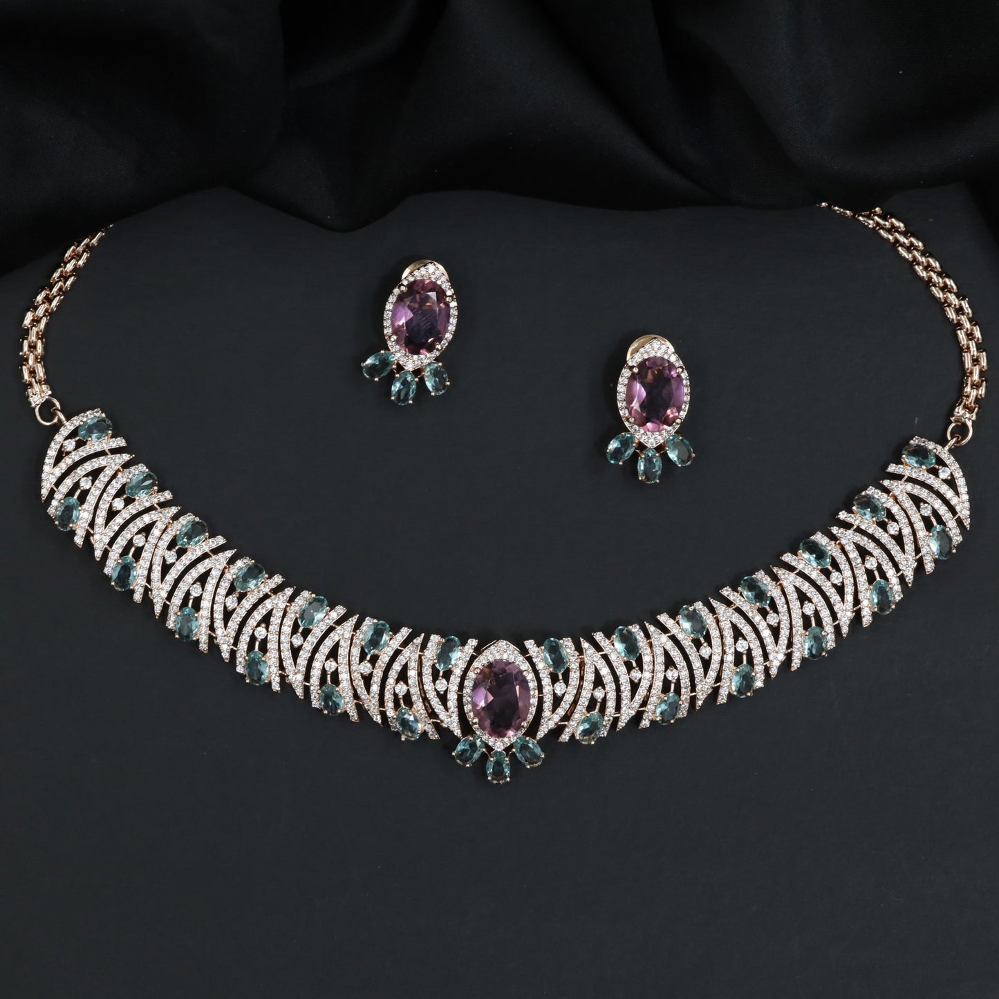 Decorative Crystal Rose Gold Necklace with Matching Earrings