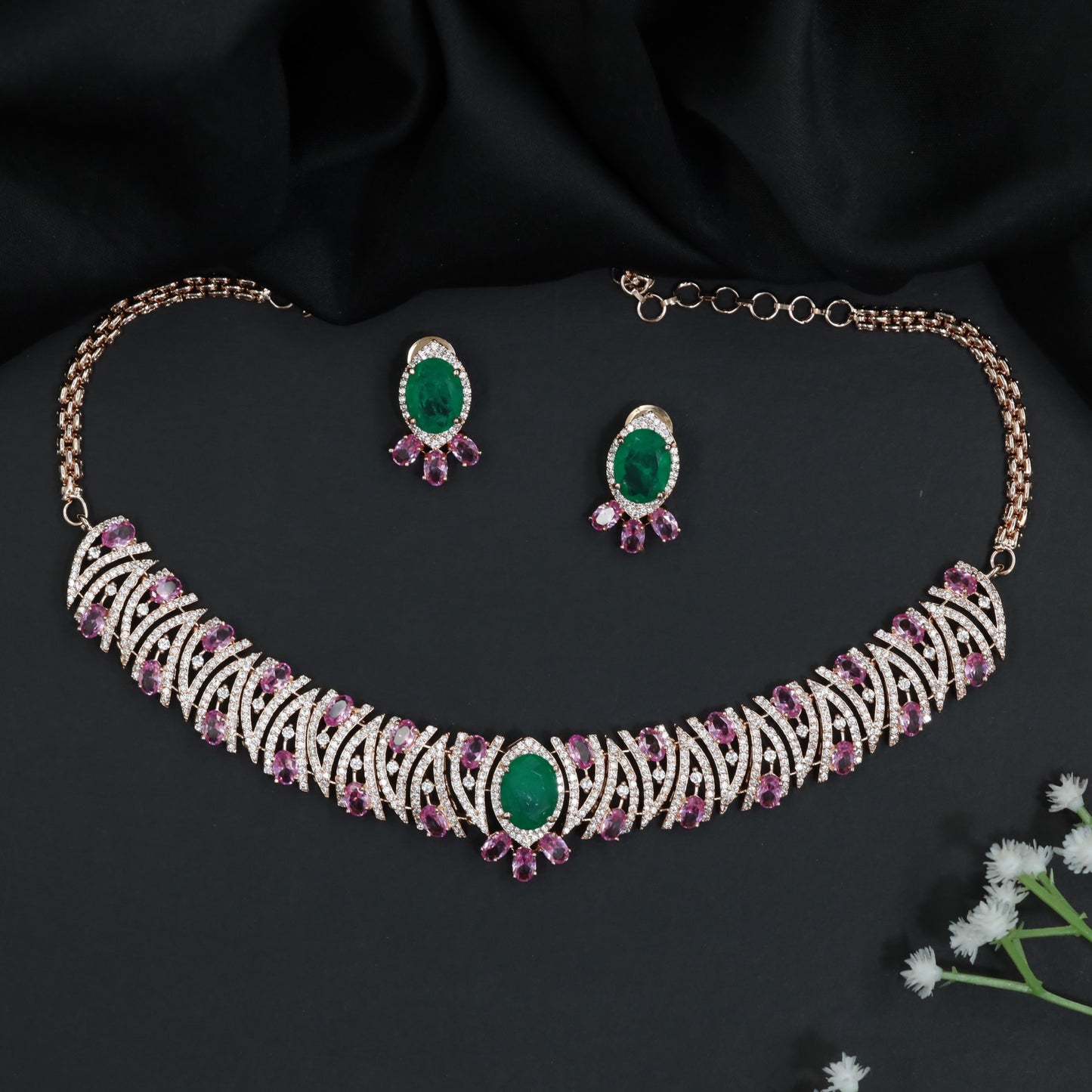 Decorative Crystal Rose Gold Necklace with Matching Earrings