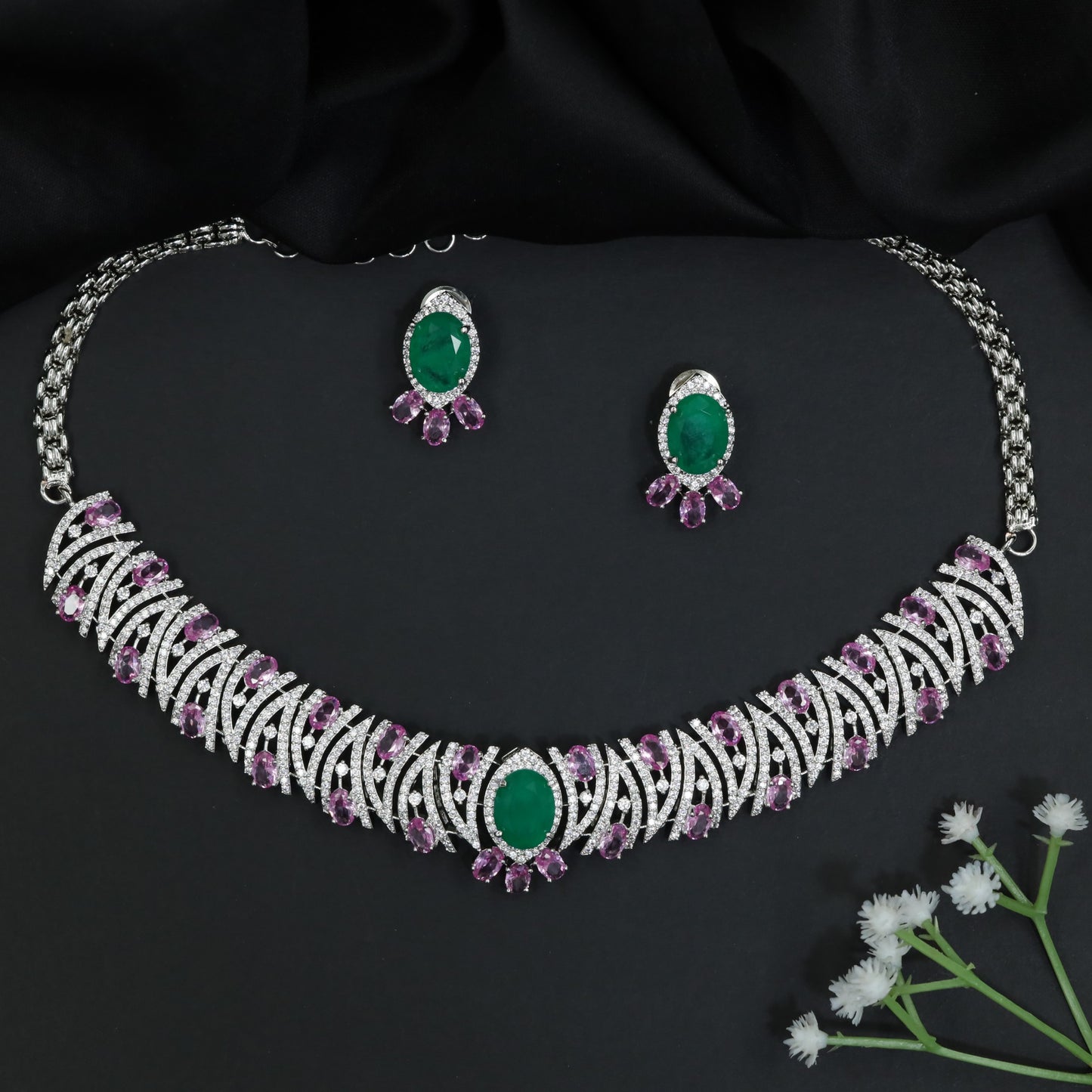 Decorative Crystal Rose Gold Necklace with Matching Earrings
