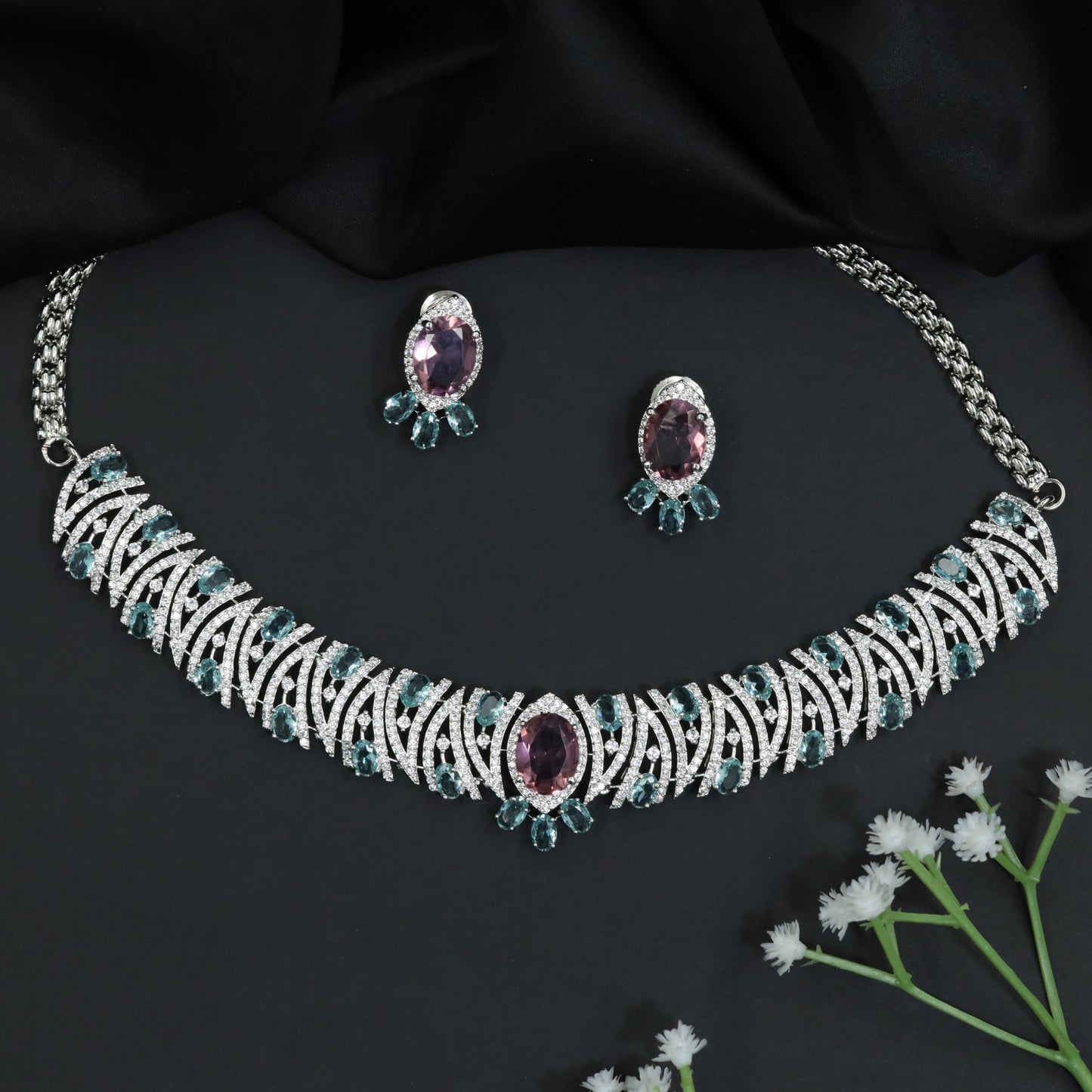 Decorative Crystal Rose Gold Necklace with Matching Earrings