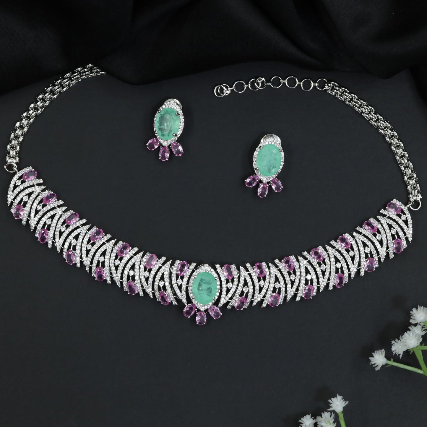Decorative Crystal Rose Gold Necklace with Matching Earrings