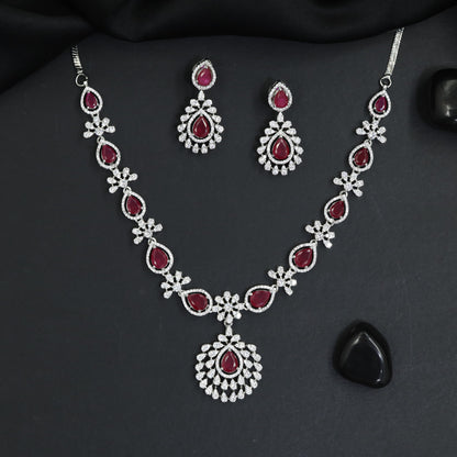 Occasion wear rhodium necklace set with radiant drop earrings